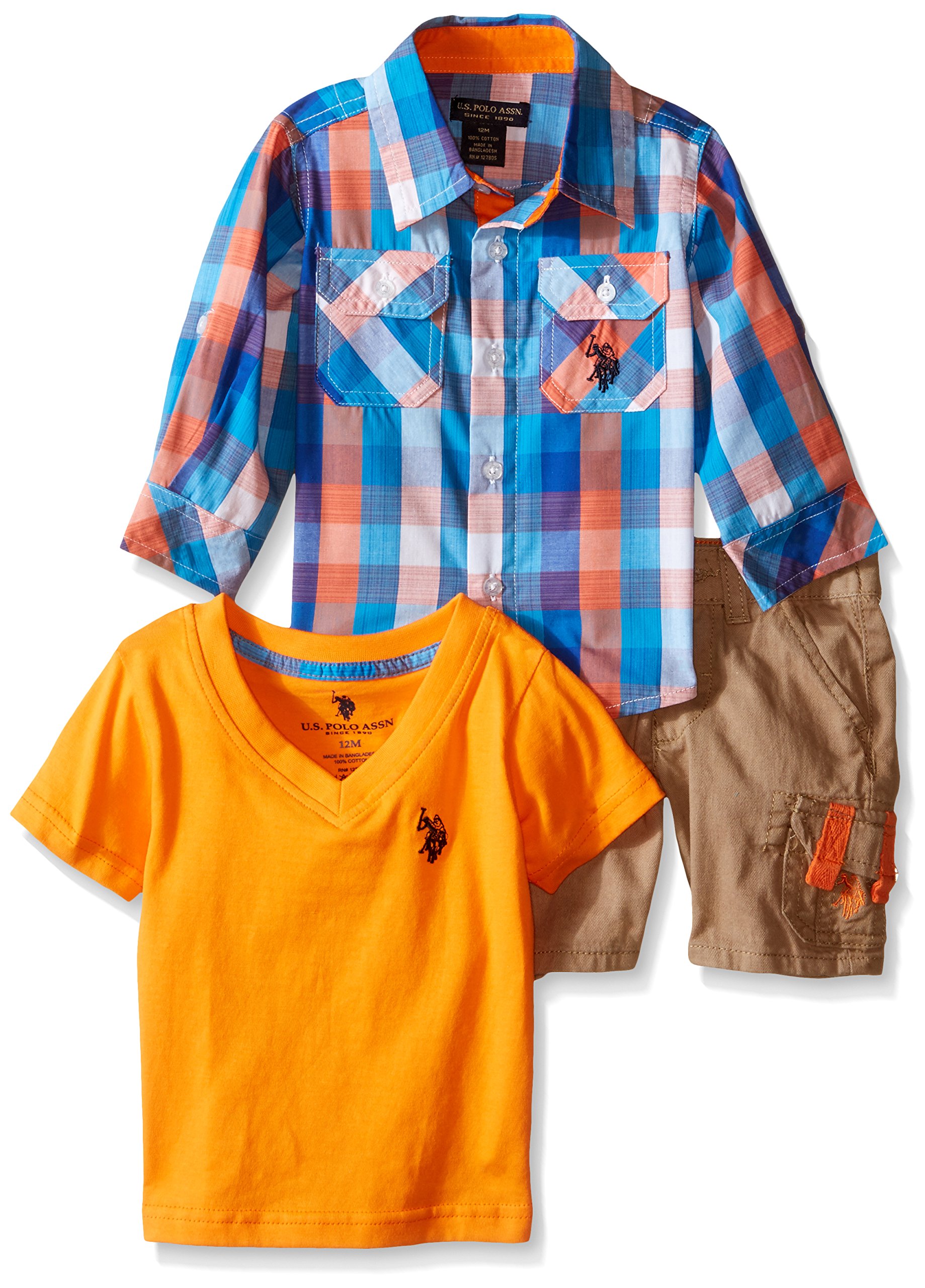U.S. Polo Assn. Baby Boys' Sport Shirt, V-Neck T-Shirt, and Twill Cargo Short Set