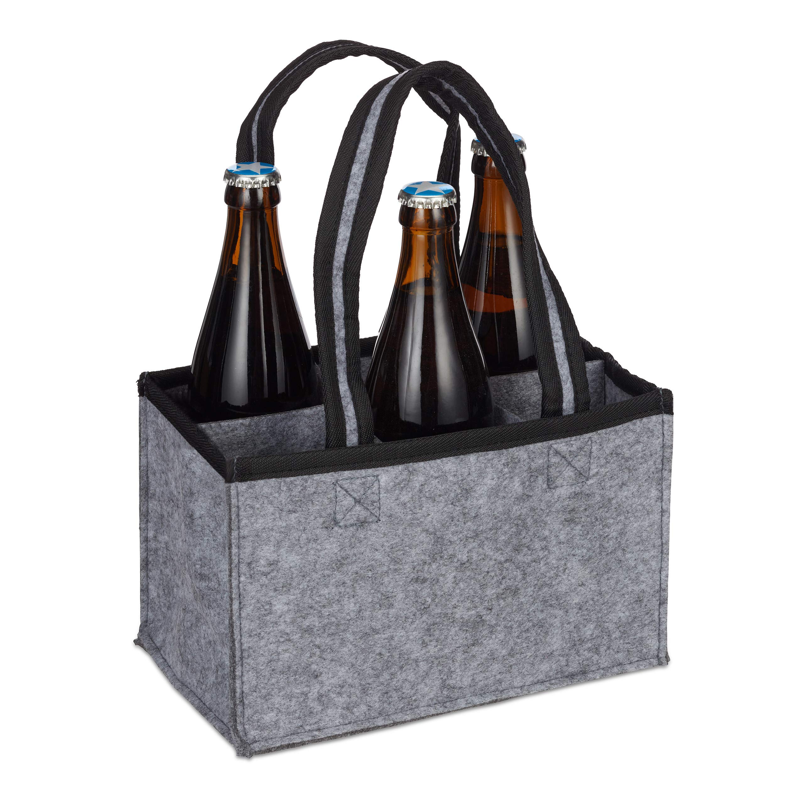 Relaxdays Bottle Carrier, 6 Glasses, Wine, Beer, Collect, Drinks, HxWxD: 15 x 24 x 15 cm, Felt, Transport Safely, Grey