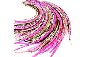 FEATHER HEADZ 50 Natural & Hot Pink Color Hair Feathers - 9”- 14” Long - Feathers for Hair Extension, Rooster Feathers DIY Kit - Eye-Catching Design - 50 Micro-link Beads - 100% Real Rooster Feathers