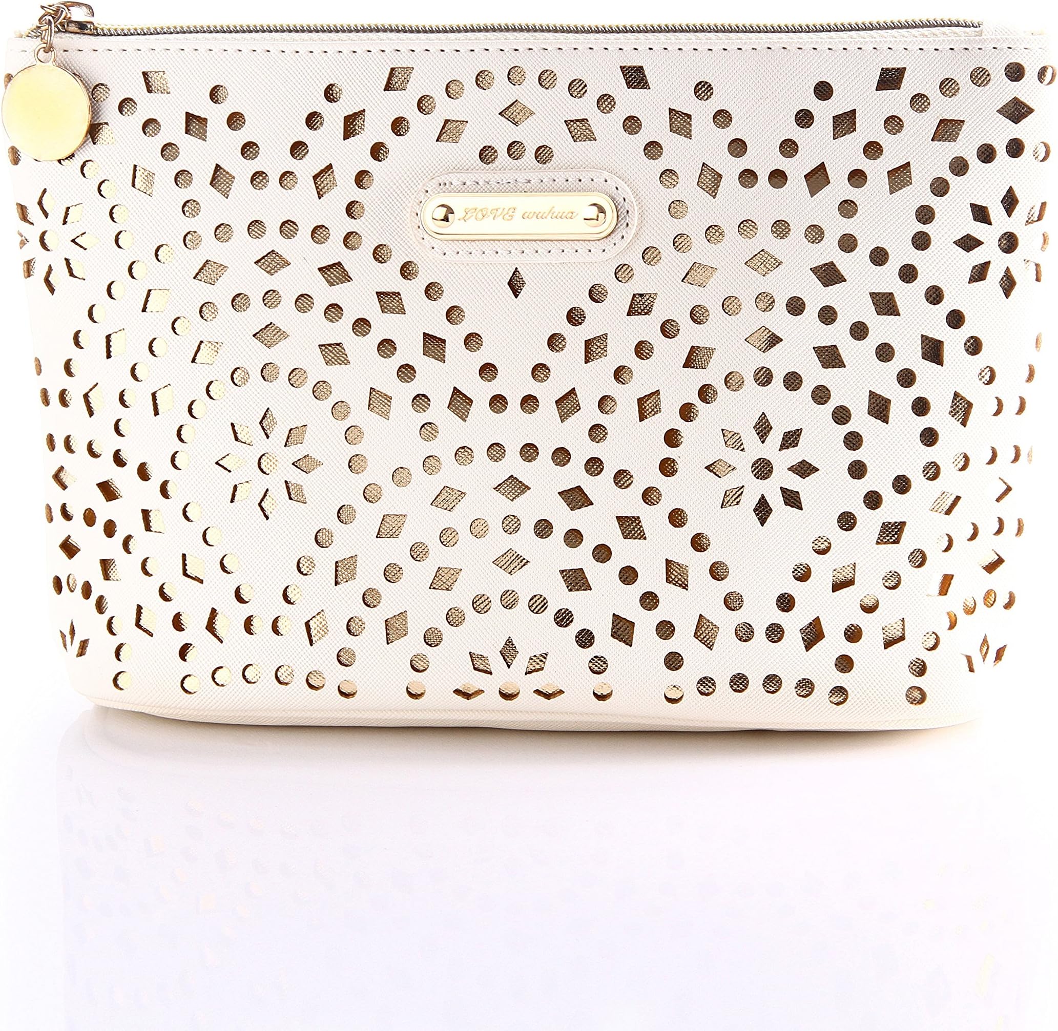 Makeup Bag, Wuhua Gold Pattern Cosmetic Bag with Zipper, Toiletry/Travel Bag for Brushes Jewelry Accessories Collection, Single Layer Storage Bag for Women