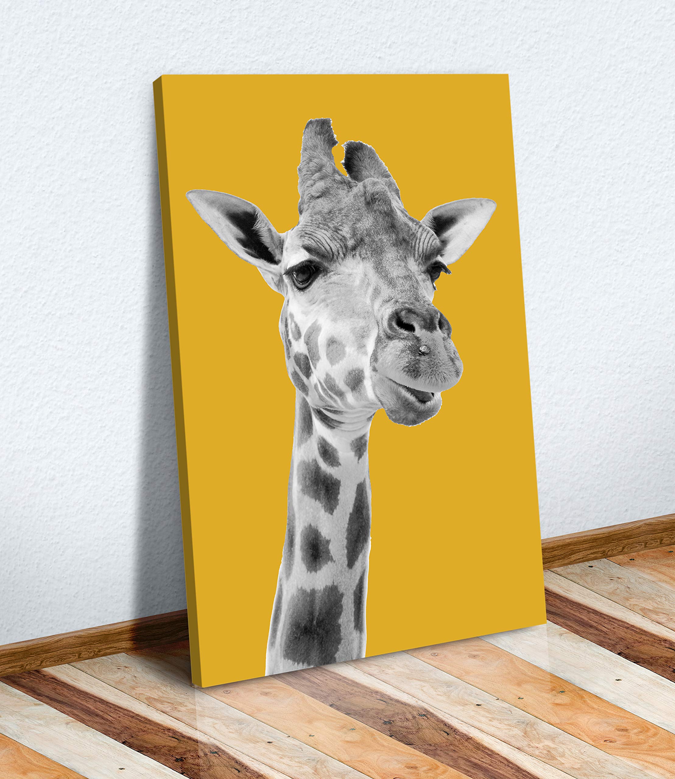 GIRAFFE BLACK AND WHITE YELLOW MUSTARD CANVAS WALL ART PRINT ARTWORK (24in x 16in / 60cm x 40cm)