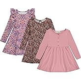 BTween Girls Long Sleeve Dresses, 3 Pack Soft Cotton Casual Dresses for Kids