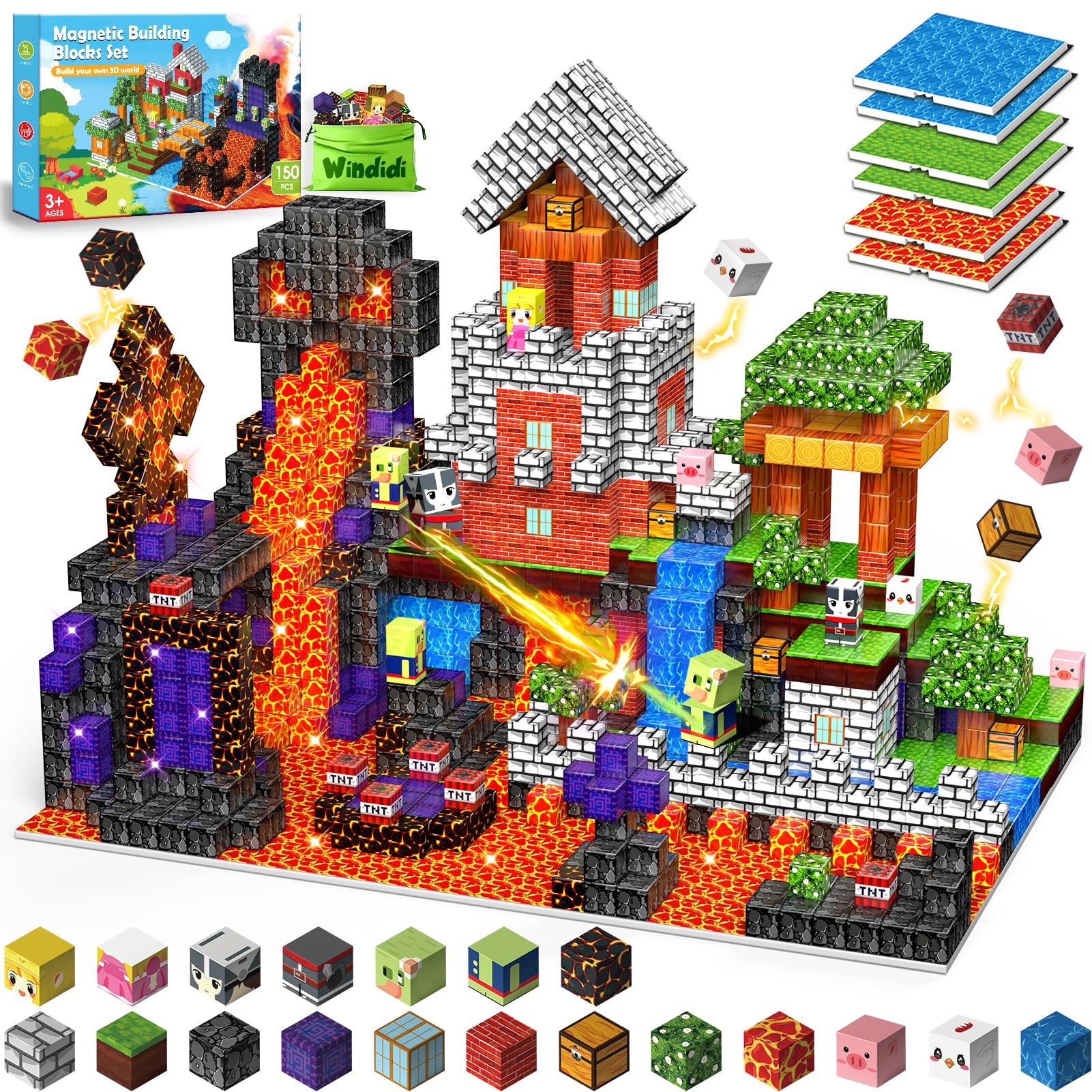 Photo 1 of 150PCS Magnetic Building Blocks - 6 Big Magnetic Base Building STEM Toys, Magnet Cube Game for Kids, Build Mine Castle Volcano World for Boys Girls Age 3-5 4-8 8-12, Sensory Outdoor Travel Toys Gifts