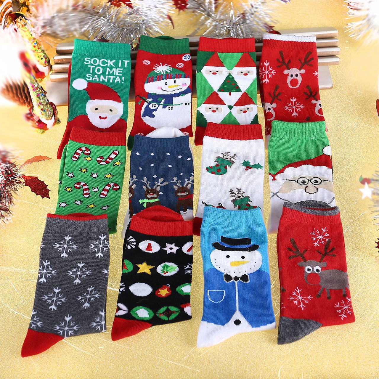 Ayliss 12Pairs Women\'s Cute Pattern Colorful Cotton Screw Socks,Christmas Style