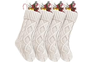 NACKIY 4Pack Personalized Christmas Stockings with Leather Custom Self-Adhesive Name Tags, 18 Inches Cable Knitted Stocking for Family, Xmas Holiday Party Gifts & Decoration for Fireplace(White)