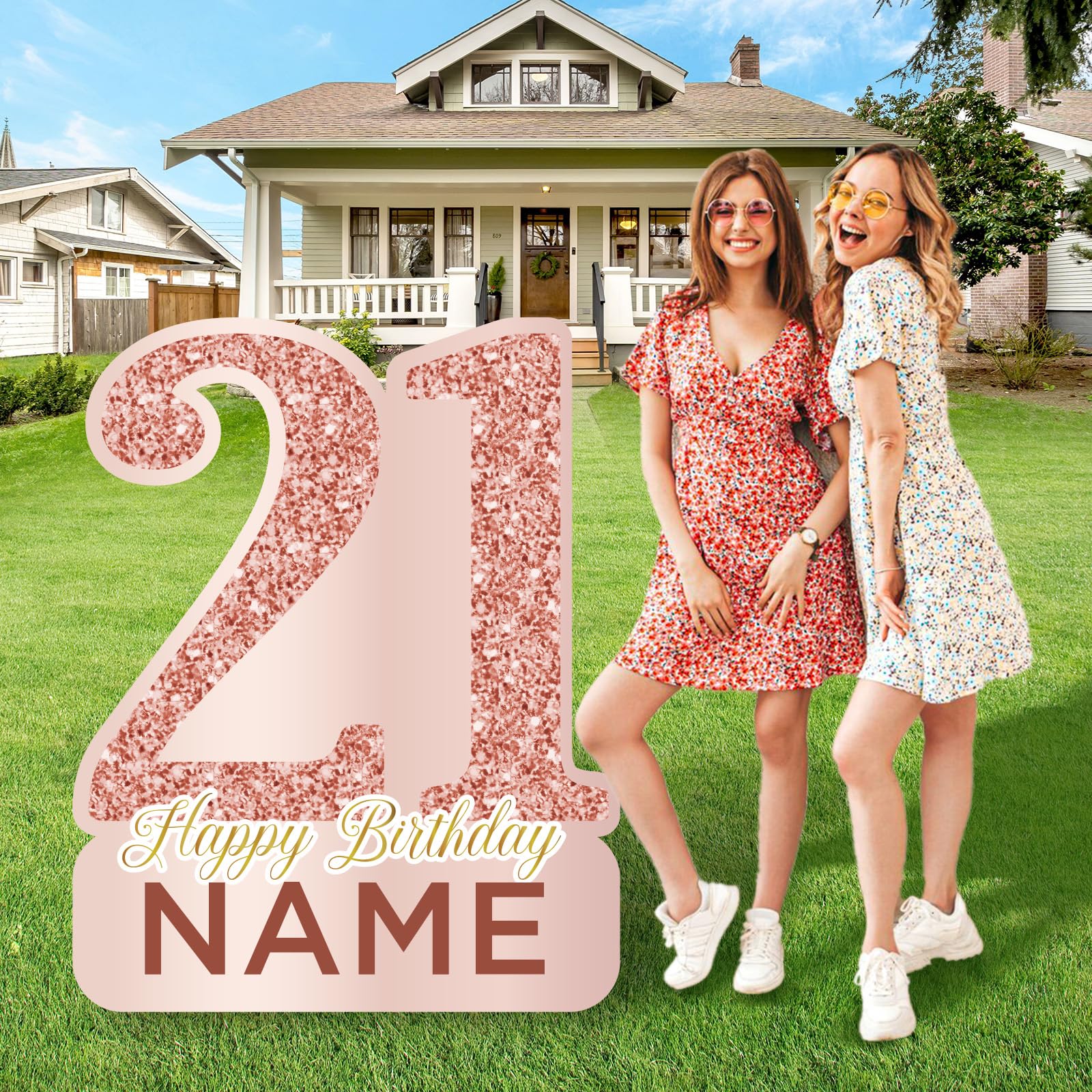 Photo 1 of 27.5 Inch Rose Gold 21 Happy Birthday Yard Signs Large Sweet 21 Birthday Decorations Rose Gold Personalized Name 21st Birthday Lawn Sign with Stakes for Women Girls Outdoor 21 Year Old Birthday Party