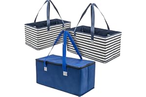 Planet E Reusable Foldable Grocery Shopping Bags with a Trunk Size Collapsible Box (Pack of 3, Navy Stripe and Solid)