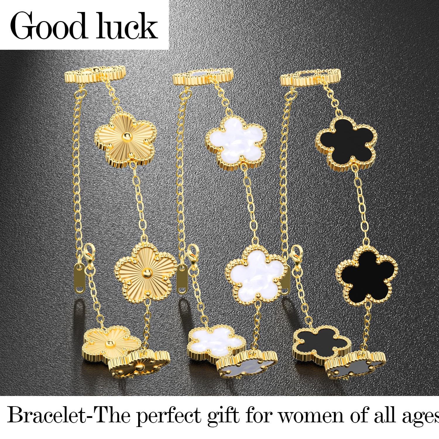 AICase 18K Gold Plated Clover Bracelet Dupes Gold/White/Black Bracelet Set for Women Flower Leaf Lucky Clover Bracelets Trendy Jewelry Birthday Gifts for Women/Mon/Friends