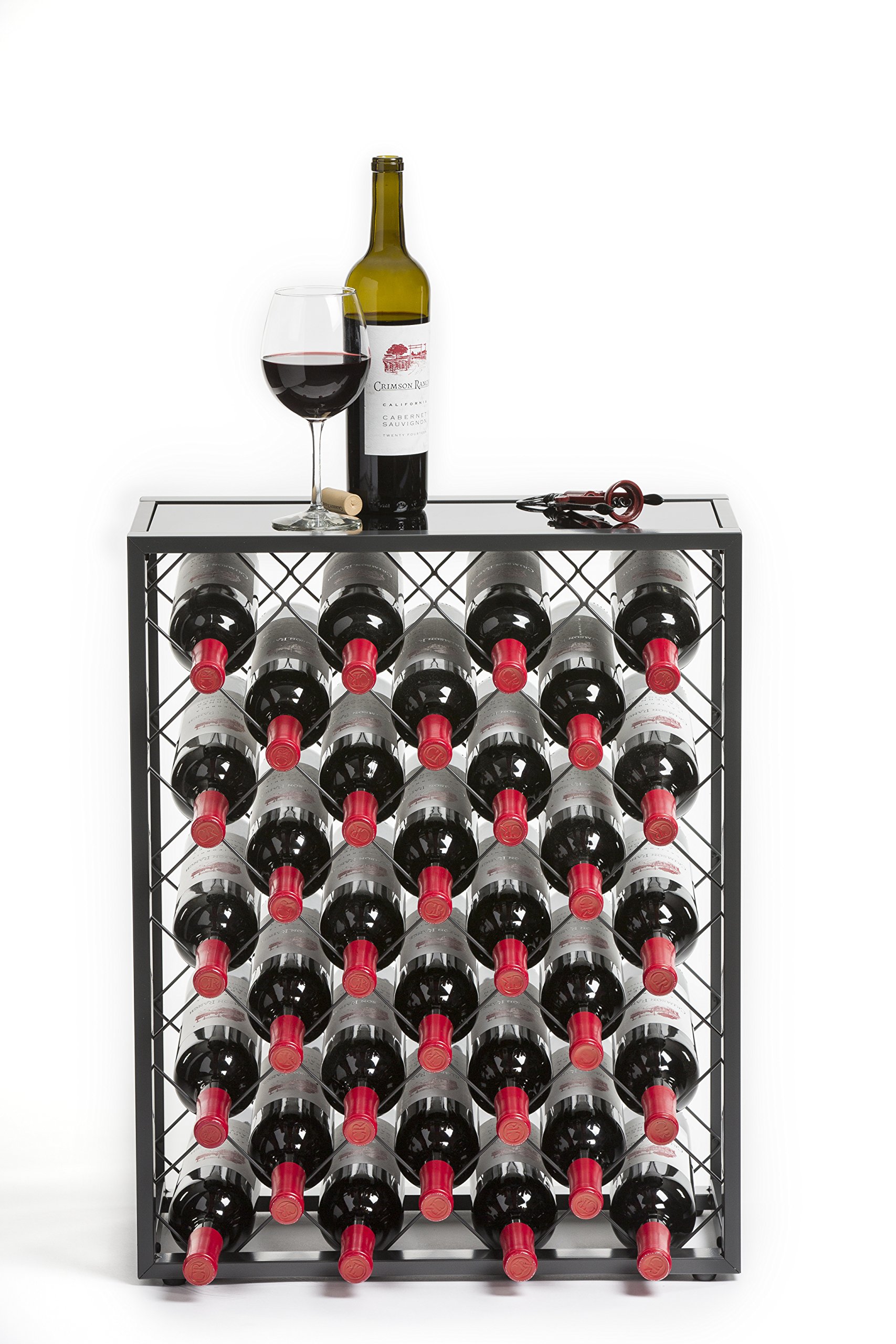 Mango Steam 32 Bottle Gray Wine Rack with Glass Top Shelf, Free Standing for Home, Kitchen and Bar