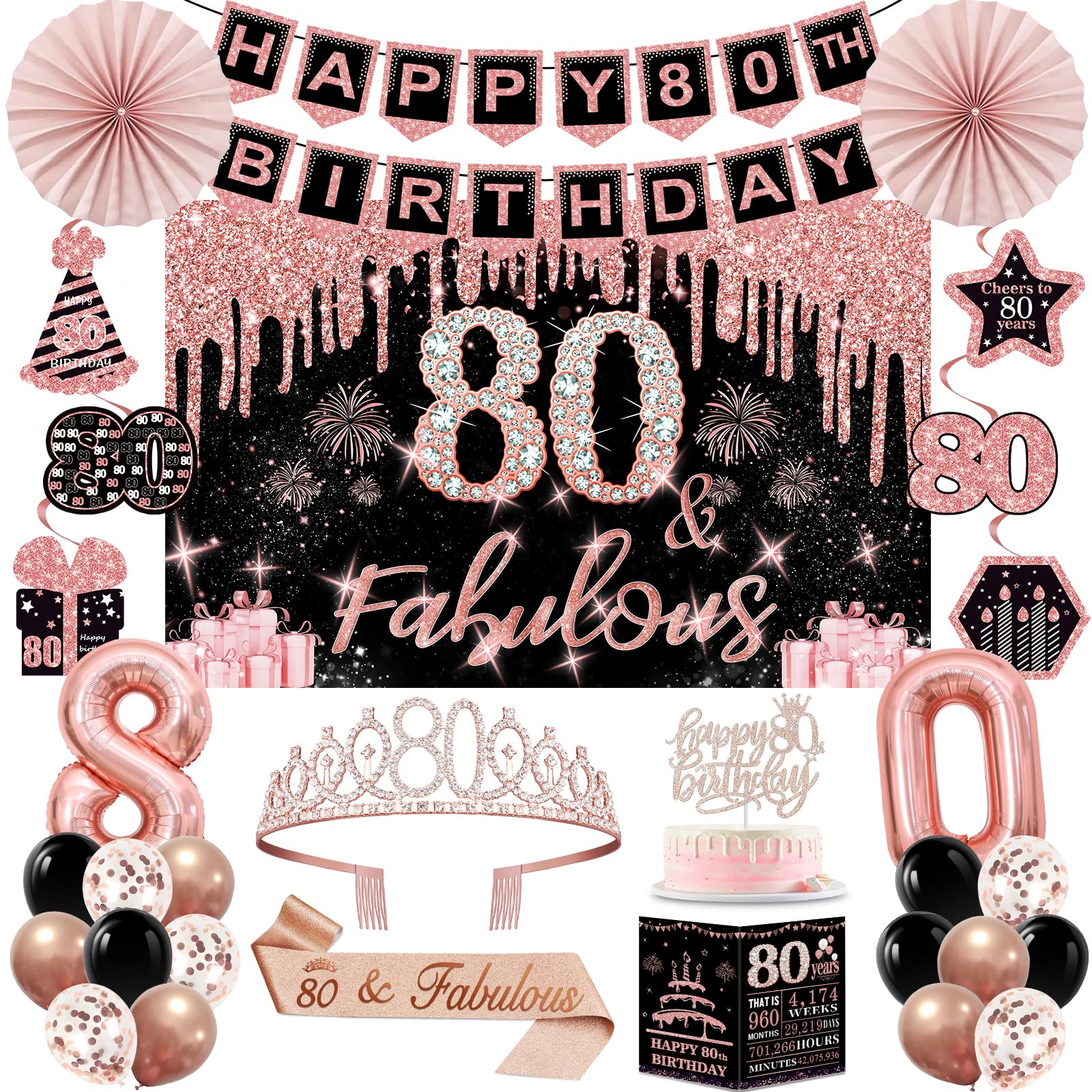 Photo 1 of 80th Birthday Decorations for Women,32PCS 80th Birthday Party Decorations,Including Backdrop, Crown, Sash, banner, Hanging Swirl,Cake Topper,balloons,Paper Fans,Anniversary Card and paper fans