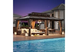 YOLENY 12'x20' Hardtop Gazebo, Outdoor Polycarbonate Double Roof Canopy, Aluminum Frame Permanent Pavilion with Curtains and Netting, Sunshade for Garden, Patio, Lawns