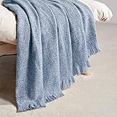 BOURINA Faux Cashmere Fringe Throw Blanket Decorative Lightweight Throw Soft Cozy for Bed or Sofa Outdoor Blanket, 50" x 70" Blue