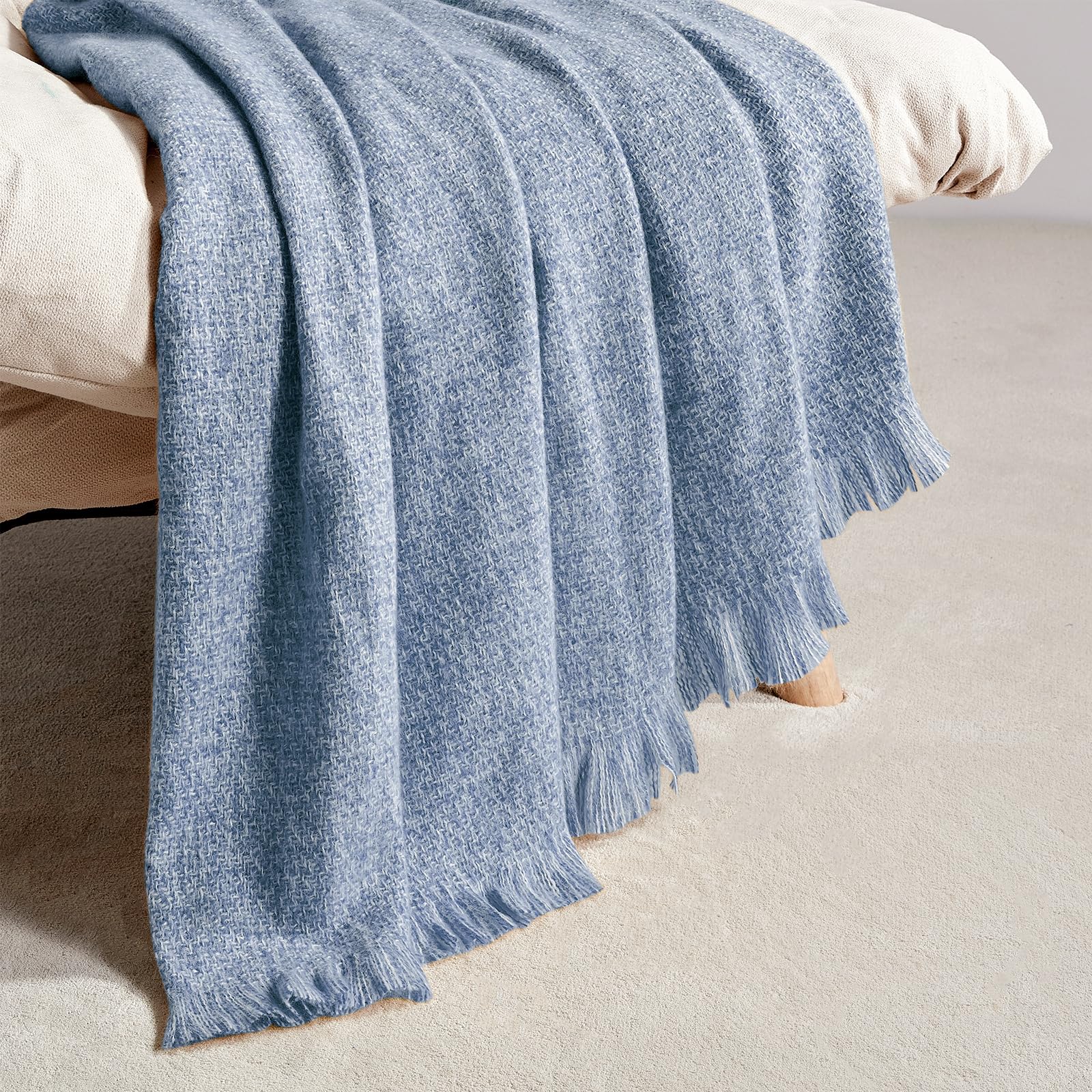 BOURINA Faux Cashmere Fringe Throw Blanket Decorative Lightweight Throw Soft Cozy for Bed or Sofa Outdoor Blanket, 127x178cm Blue