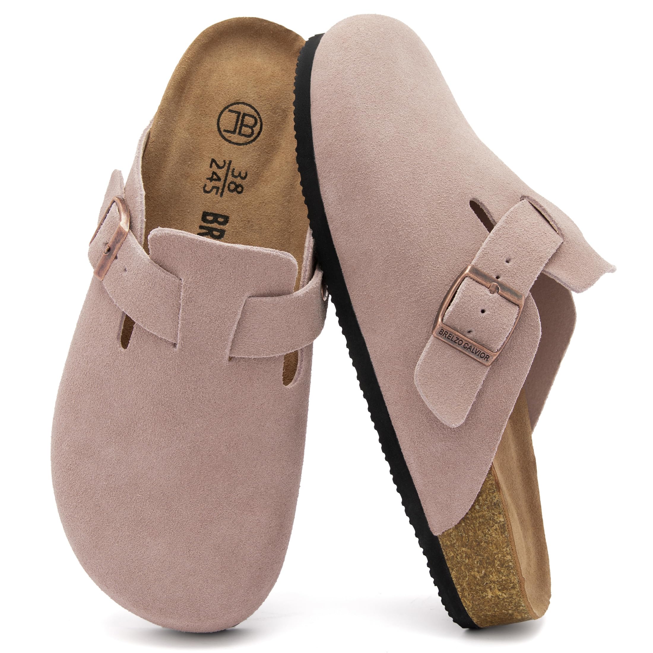 Brelzo Calvior Women's Suede Clogs Men's Slip-On Mules Non-Slip Potato Shoes Arch Support Sandals with Adjustable Buckle for Indoor & Outdoor Use Pink Image