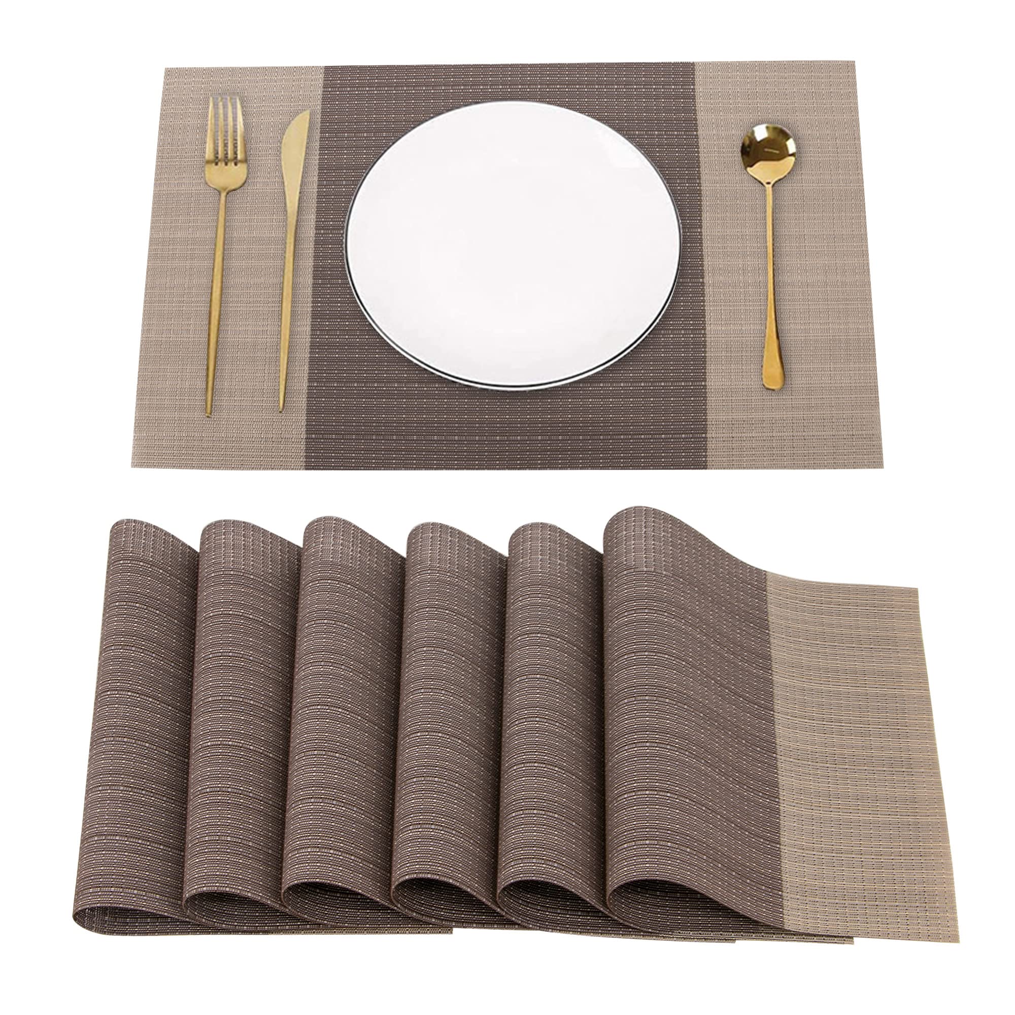 Time to Sparkle Set of 6 Vinyl Woven Placemats Place Mats Non slip Table Mats Waterproof Heat-resistant Dinning Table Mats Decor (PVC-GRID-BRW)