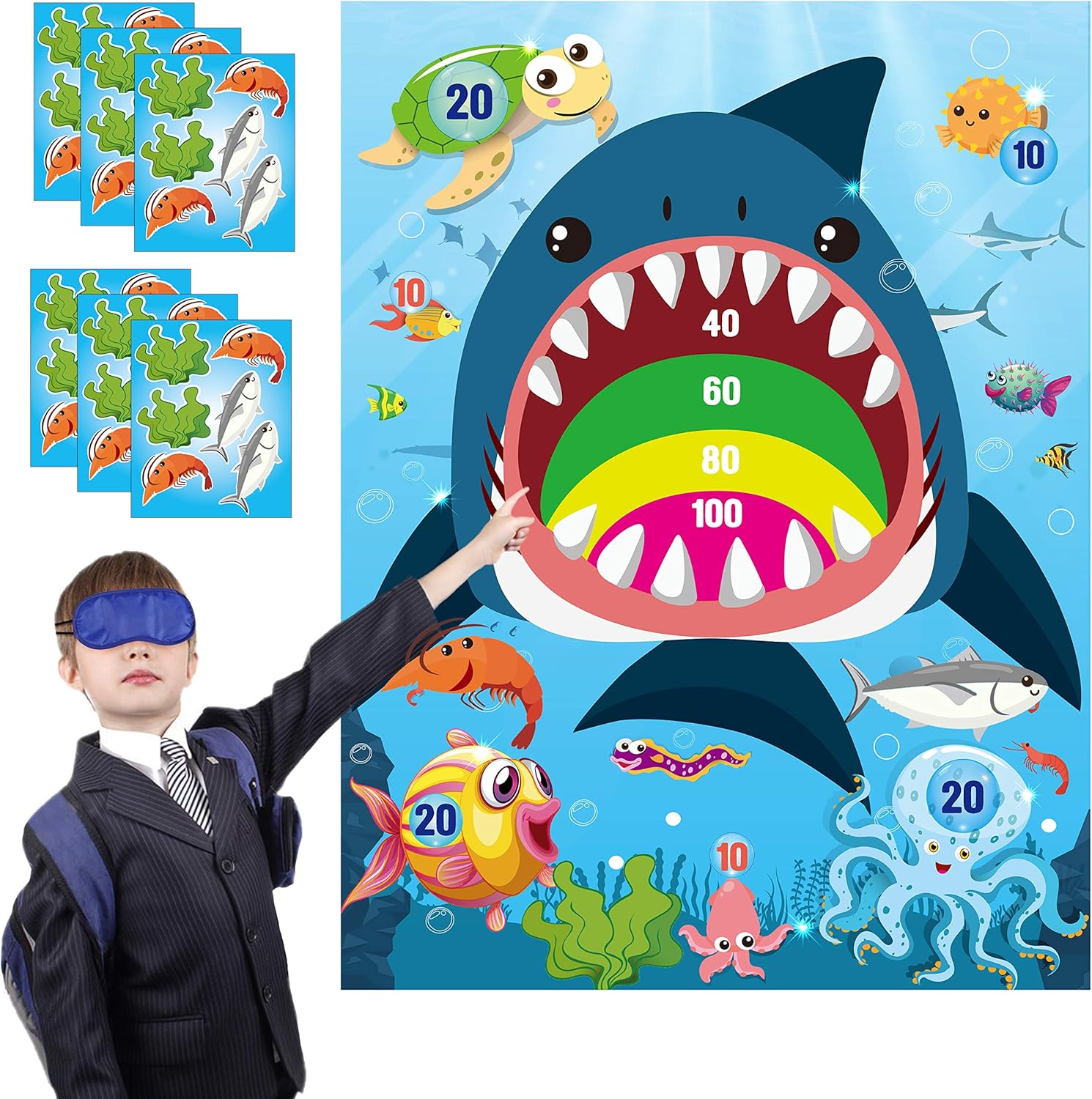 WATINC 36pcs Shark Party Sticker Game, Pin The Marine Organism On The Shark Poster for Kids Birthday Party Game, Shark Theme Party Favors Supplies for Kids, Under The Sea Ocean Party Decoration