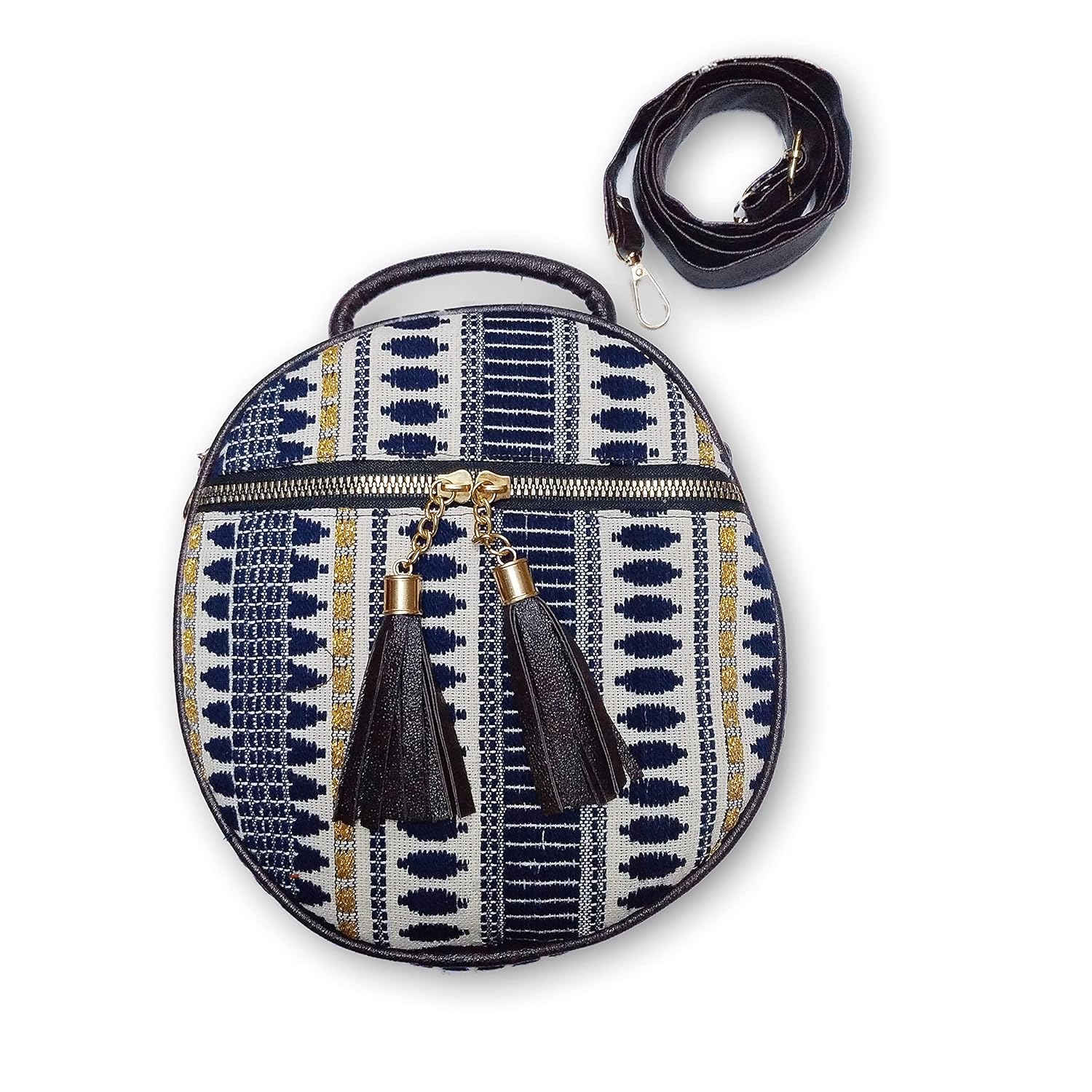 Buy Cotton Jacquard Sling Bag Round (Blue) at Amazon.in