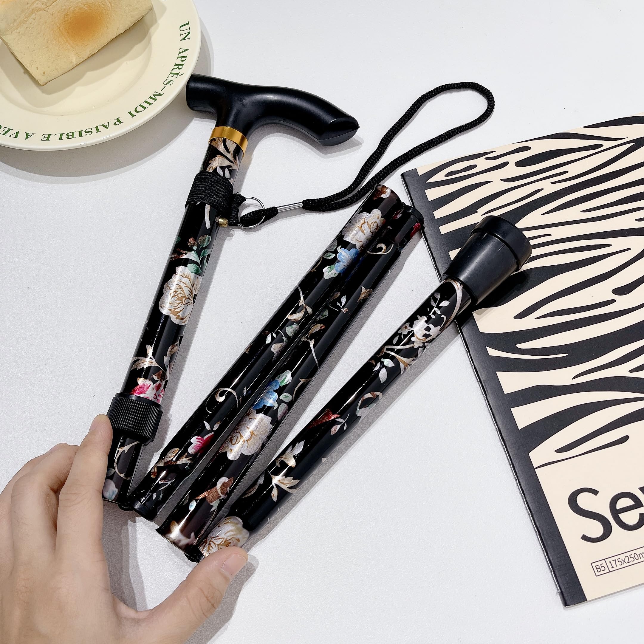 WALKING POLES - Adjustable folding walking poles for men and women - Lightweight and portable foldable balance walking aid - Walking cane for travelling, suitable for elderly women. (black print)