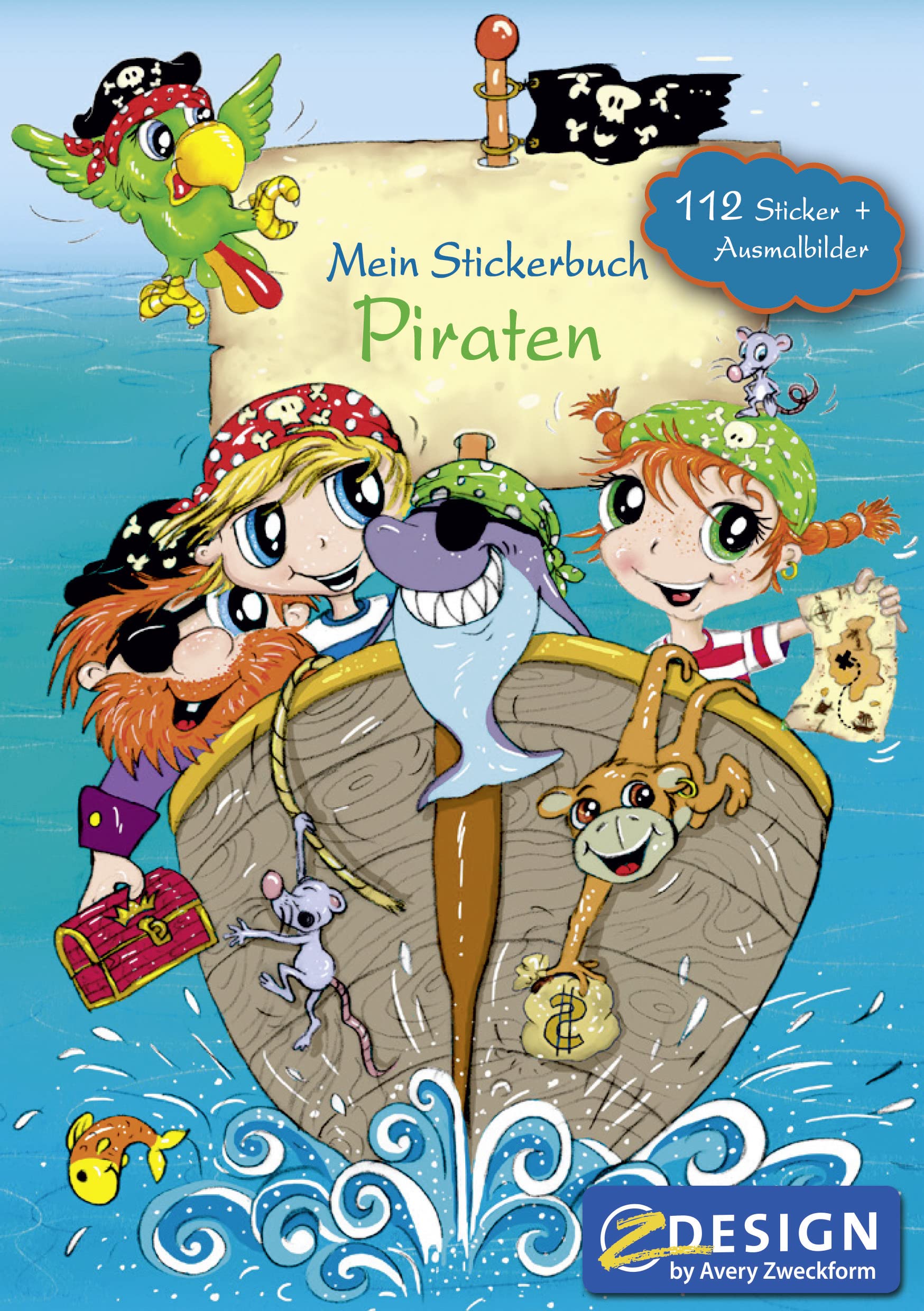 AVERY Zweckform 57797 Children's Sticker Book Pirate with 112 Stickers, 5 Game Worlds and 2 Colouring Pictures (Play Book for Children, Boys, Designed Paper Pages, A5, Pirate, Children's Birthday Gift)
