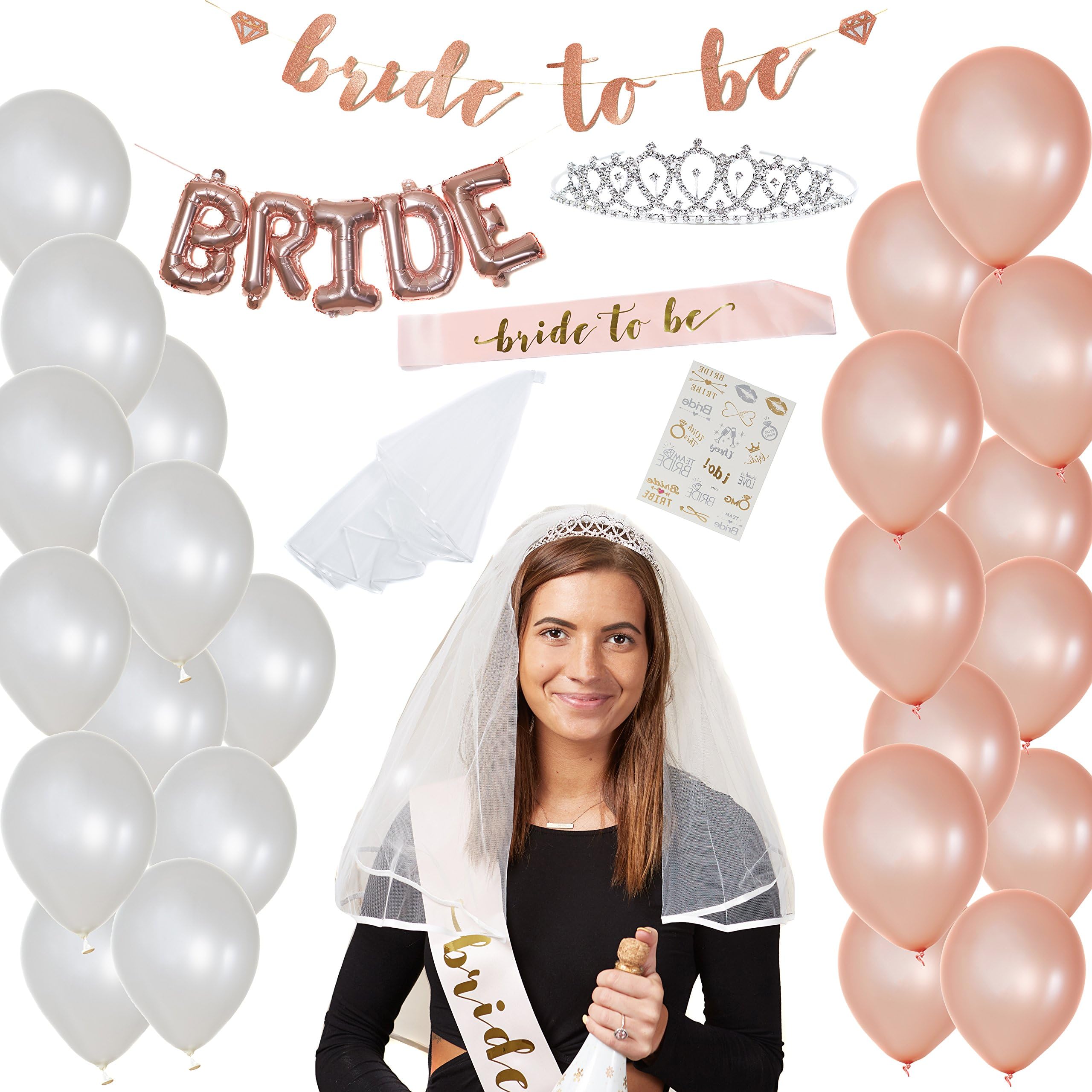 Rose Gold Bachelorette Party Decorations Kit - Perfect for Bachelorette or Bridal Party - 47 PCS Kit Includes Bride-to-be Sash and Banner, Tiara, Veil, Tattoos, 24 Balloons, and"Bride" Foil Balloons
