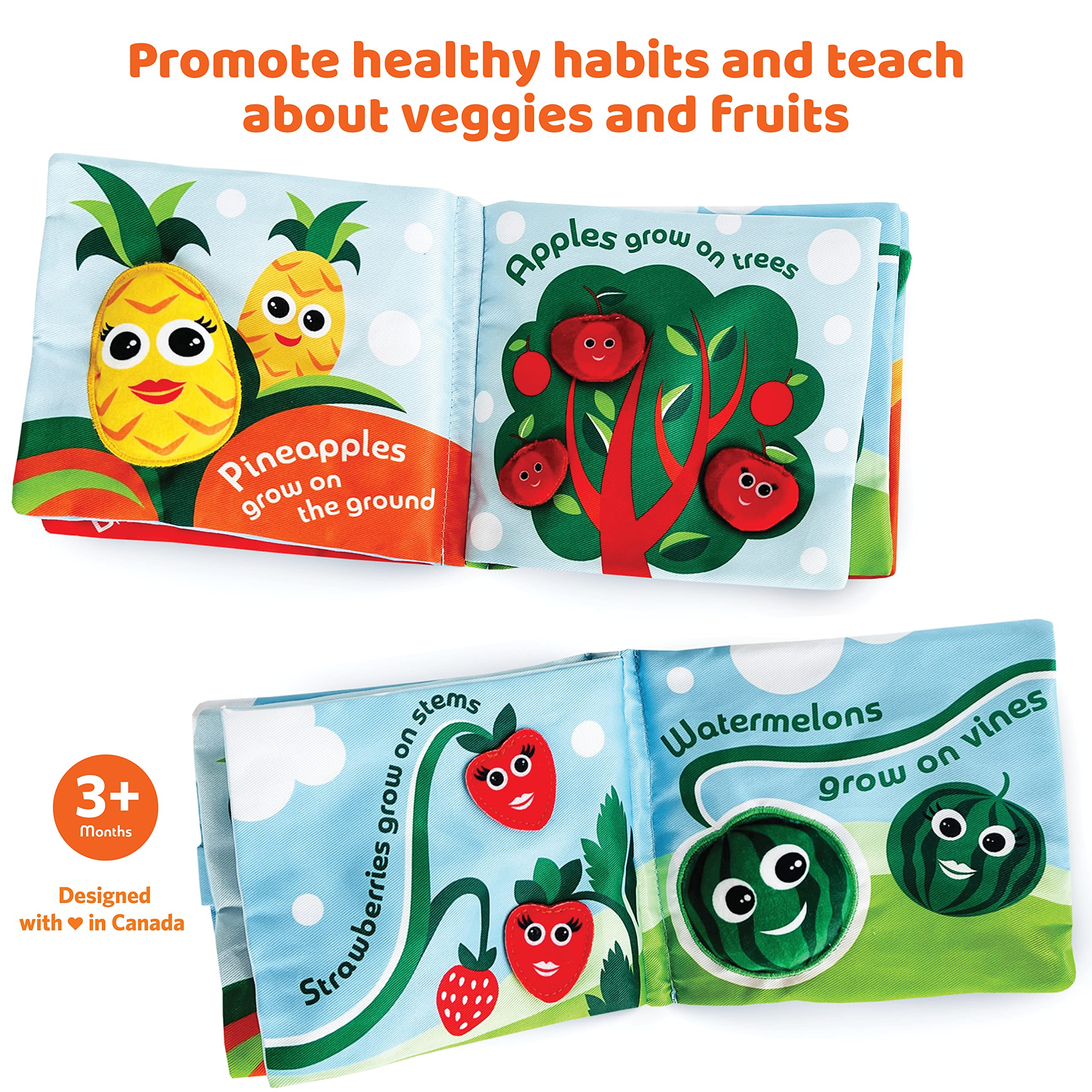 Soft Baby Book, ''Where Veggies & Fruits Come from''. Interactive Teething Infant Book, Touch & Feel, Crinkle Cloth Book for Babies 3 Months+