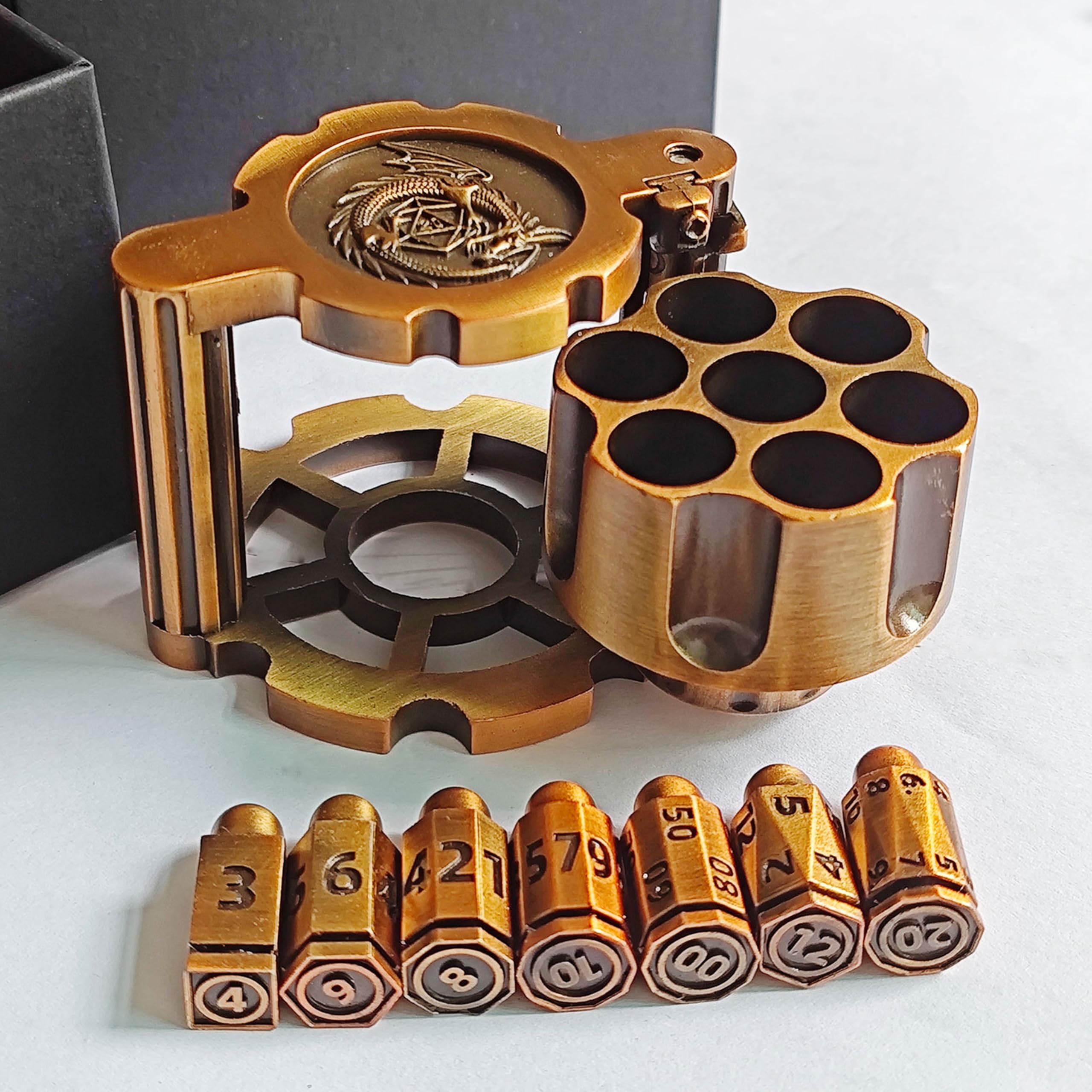 Revolver Metal Dice Set, 7 Piece Polyhedral Bullet Dice with Spinning Revolver Cylinder Case, Cyberpunk Style Tabletop RPG Dice for Dungeons and Dragons, Table Games