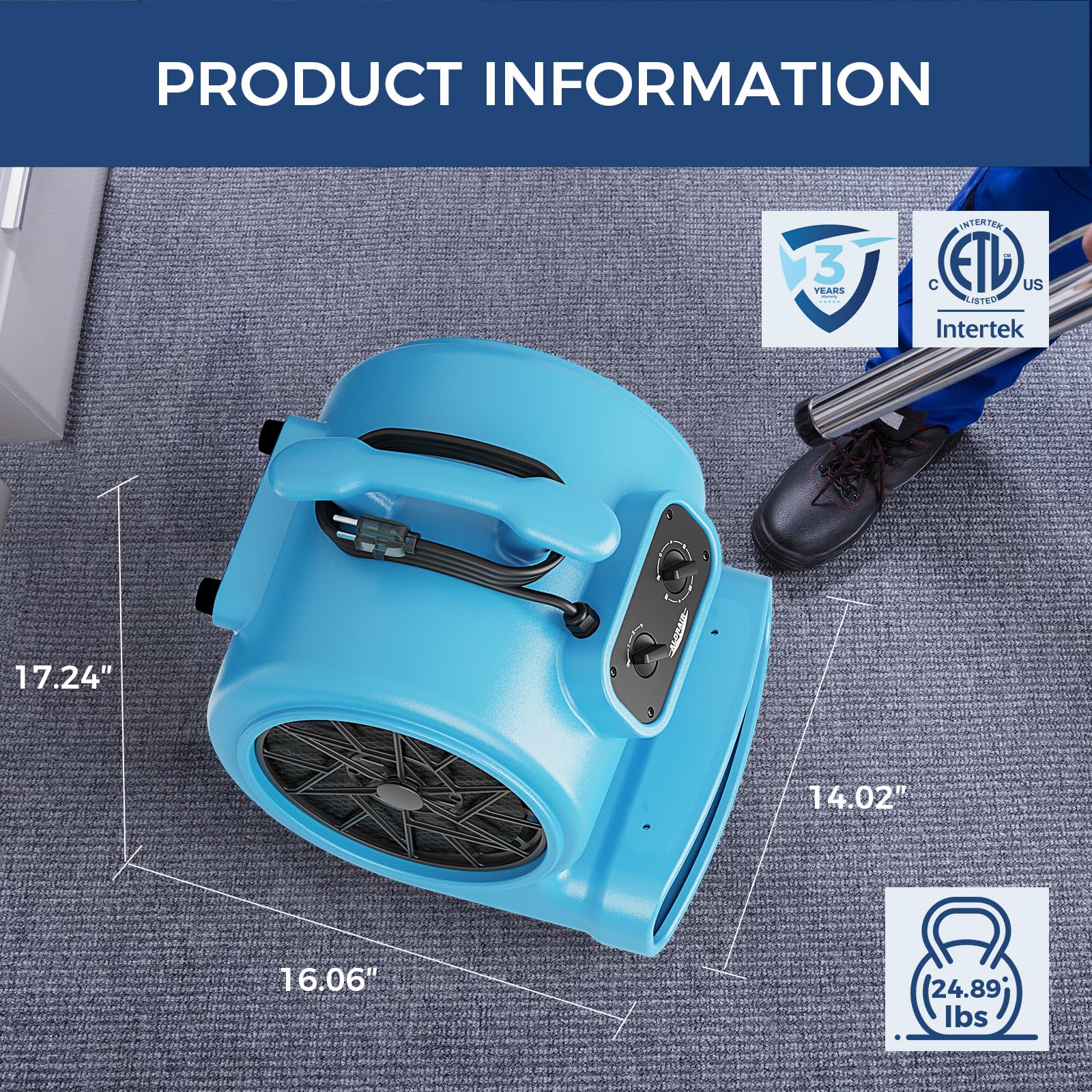 ALORAIR 3000 CFM Air Mover Blower Fan for Industrial, Floor Drying Fan, Carpet Dryer - Timer, Filter, Stackable, 3 Speeds, 5 Adjustable Angles, for Water Damage Restoration and Plumbing - GE3000TF