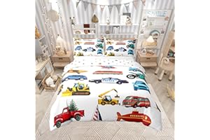 CASTLE FAIRY 100% Nature Cotton Boys Cars Duvet Cover Queen Size,Kids Cartoon Police Car Fire Truck Excavator Comforter Cover (Not Comforter),Cute Cars Lover Room Decorative Super Soft Bedding Bedroom Decor