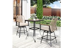 SUNSHINE VALLEY Patio Bar Set 3 Piece, All Weather Rattan Swivel Stools with Waterproof Cushion, 40” Height Wood-Like Metal Bar Table, Outdoor High Top Table and Chairs for Backyard Lawn Porch