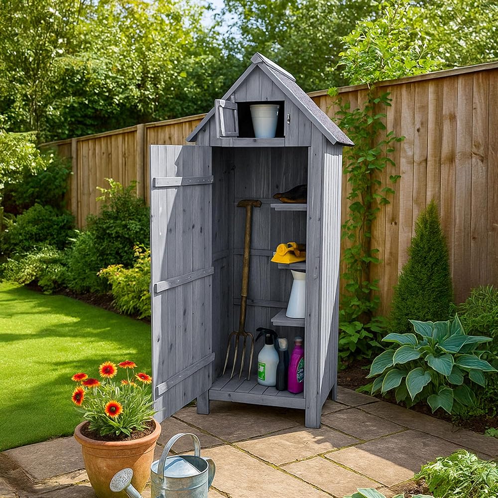 Airwave Bideford Wooden Garden Tool Cabinet Shed Grey 3 Storage Spaces