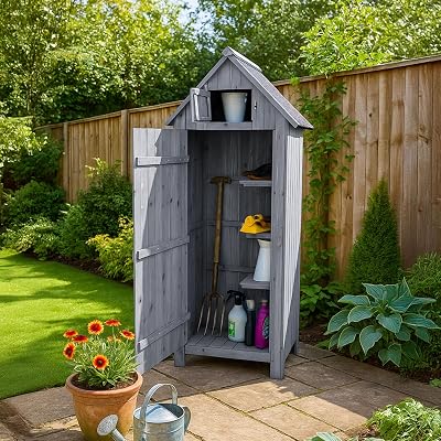 Airwave Bideford Wooden Garden Tool Cabinet Shed Grey 3 Storage Spaces