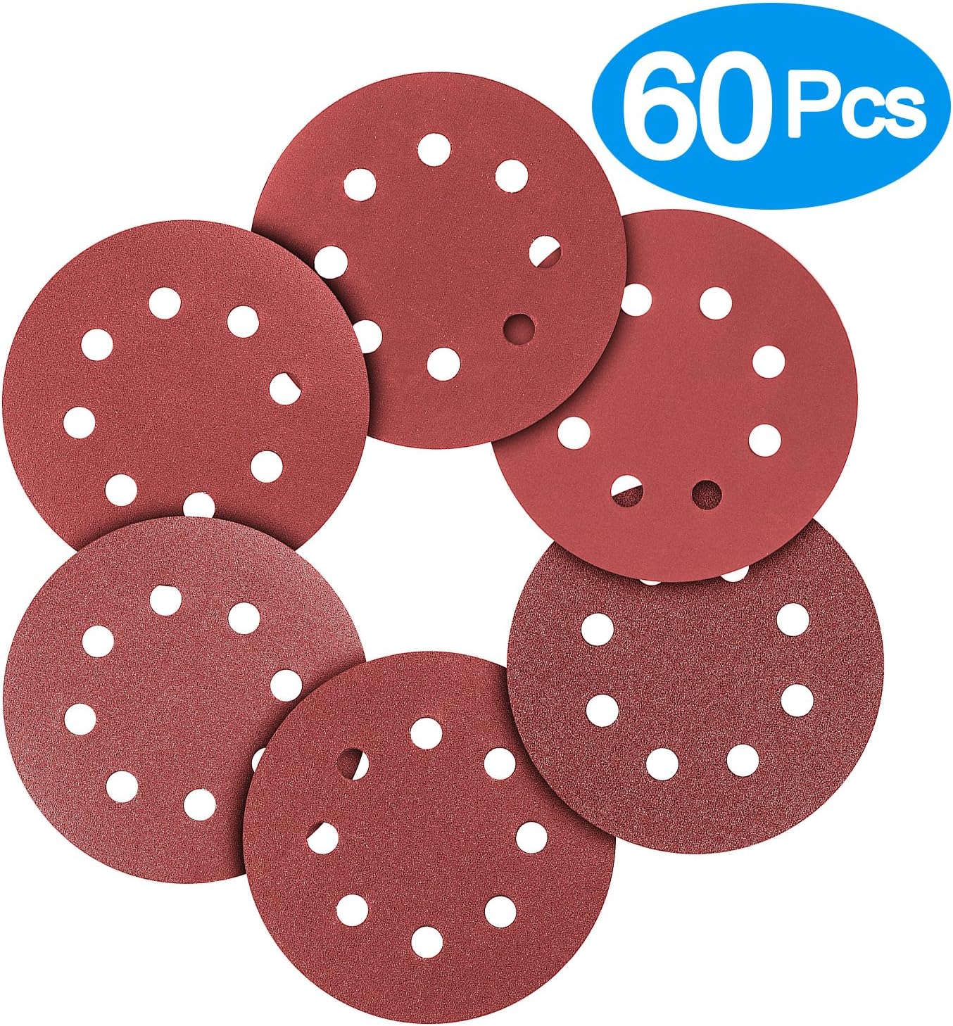 BonyTek 60 PCS 5 Inch 8 Hole Sanding Discs, 10 Discs Each of 180 240 320 400 600 800 Grits Hook and Loop Sander Sand Paper Assortment for Random Orbital Sander