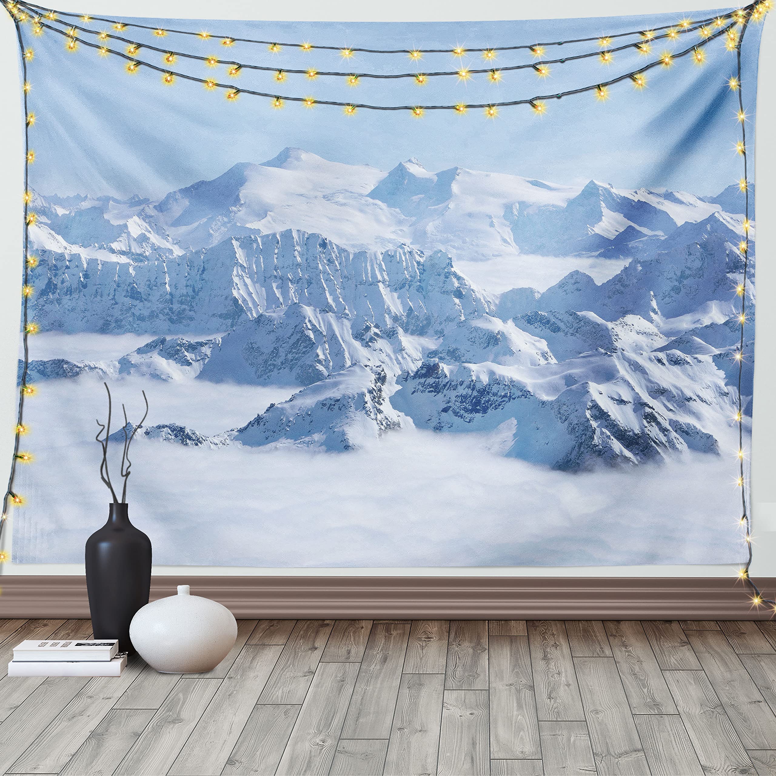 ABAKUHAUS Mountain Tapestry, Snowy Summit of Alps over the Clouds Scenery at Winter Wilderness in the Nature, Fabric Wall Hanging Decor for Bedroom Living Room Dorm, 90 W X 54 L, White Blue