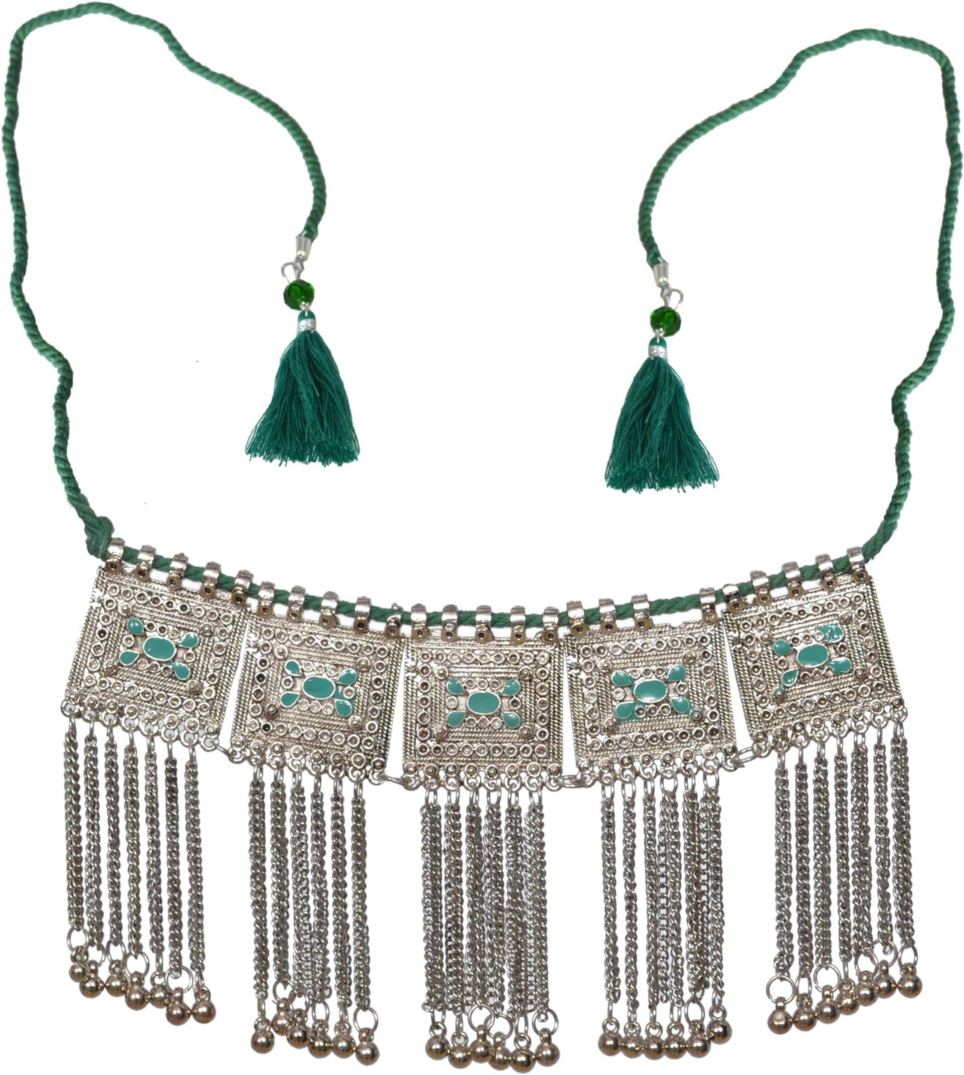 Boho Oxidized Square Tassels Choker Necklace for Women