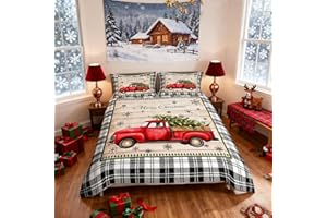 MANFEI Kids Christmas Truck Duvet Cover Set Full Size,Rustic Wooden Plank Snowflake Bedding Set,Girls Boys Adults Room/Xmas Cabin Decor,Geometric Grids Comforter Cover,Holiday Quilt Cover,3pcs,2 pillowcases