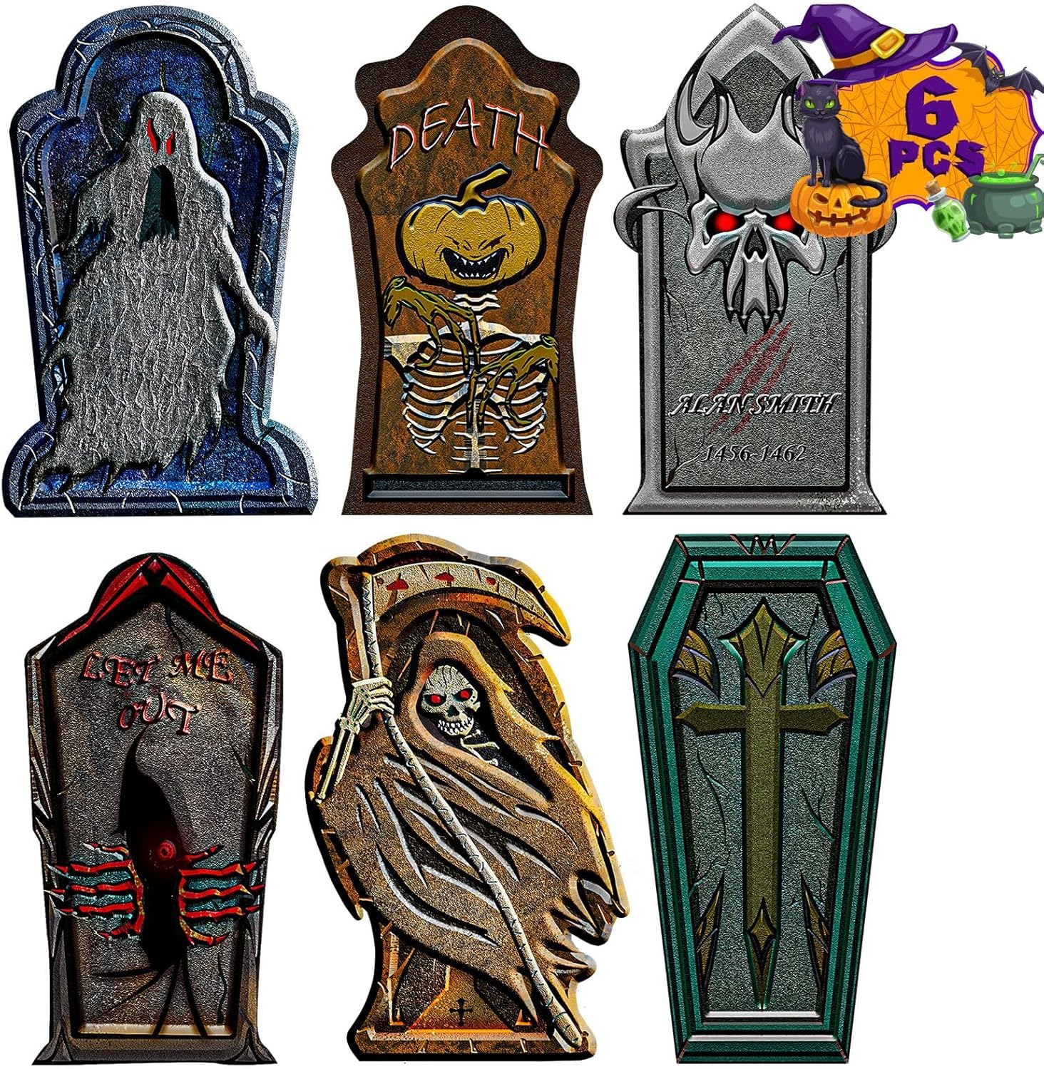 Yard Signs - 6 Pack Halloween Tombstone Yard Decorations, Outside Waterproof Graveyard Signs Decorations for Yard, Halloween Cemetary Headstone for Halloween Party, Garden Yard Decorations