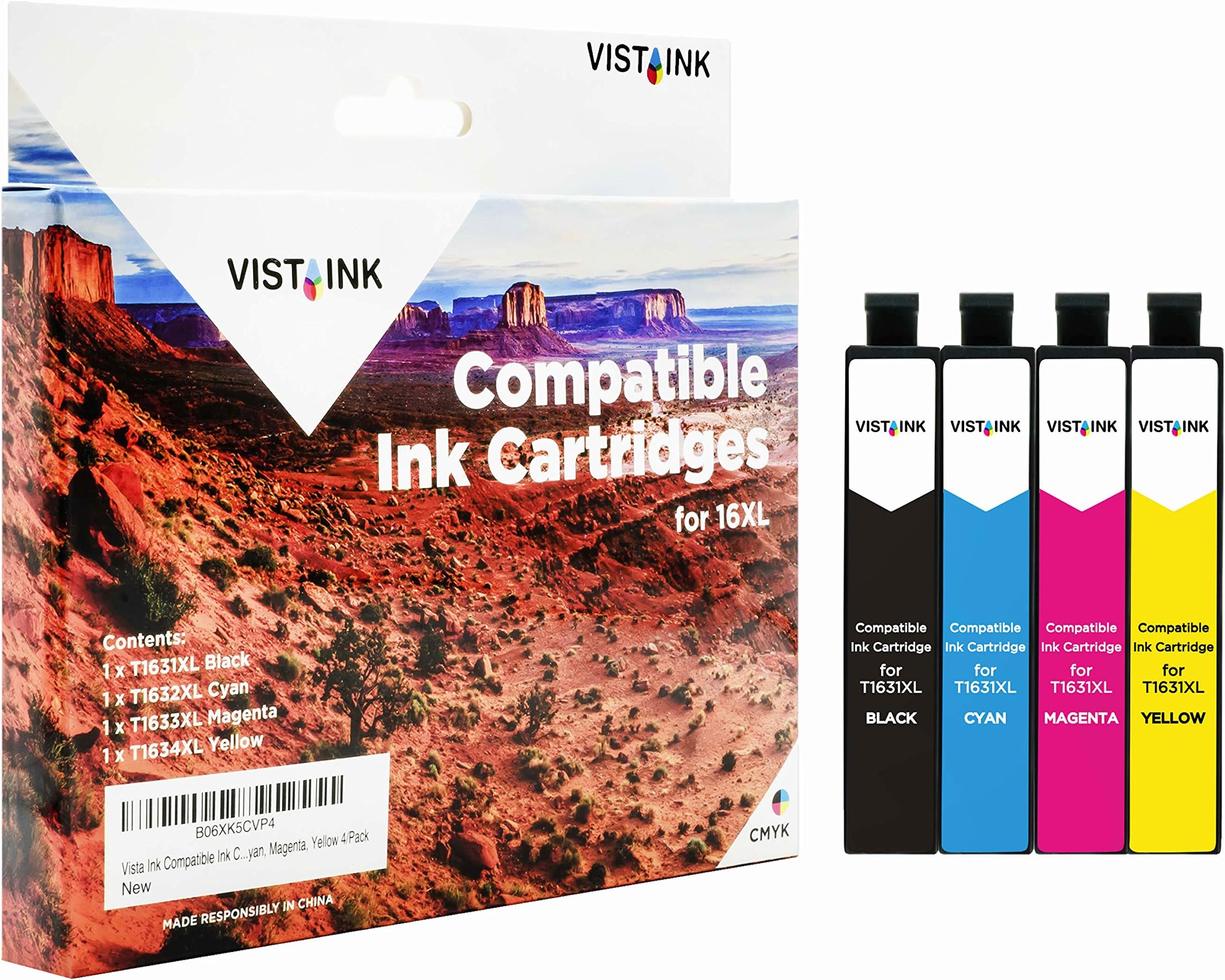 Vista Ink Replacement for Epson 16XL Ink Cartridges High Yield Capacity Black, Cyan, Magenta, Yellow 4 Pack & Compatible with Epson WorkForce WF-2010W, WF-2510WF, WF-2520NF, WF-2530WF, WF-2540WF