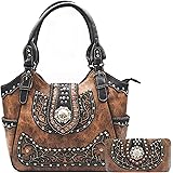 Western Style Rhinestone Concho Concealed Carry Purse Country Handbag Women Shoulder Bag Wallet Set Brown
