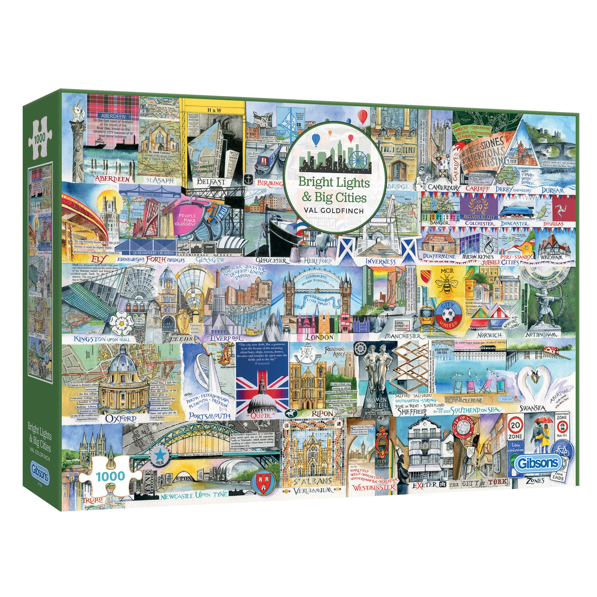 Gibsons Bright Light & Big Cities 1000 Piece Jigsaw Puzzle for Adults - UK Cities by Val Goldfinch Colourful Landmark Art - Premium Sustainable Puzzle Made in the UK/EU — image 1
