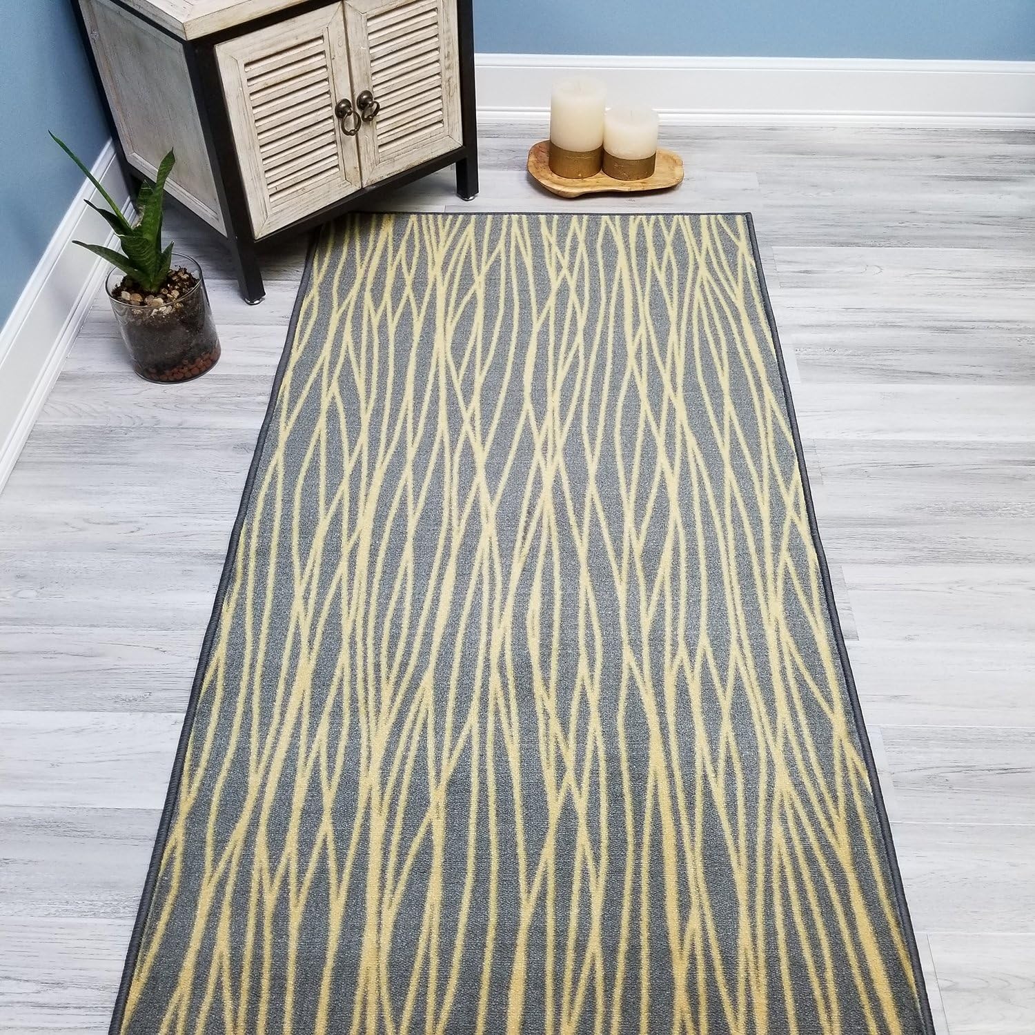 Your Choice Length Grey & Yellow Stripes Non-Slip Rubber Backed Carpet Runner Rug | 22-inch x 2-feet