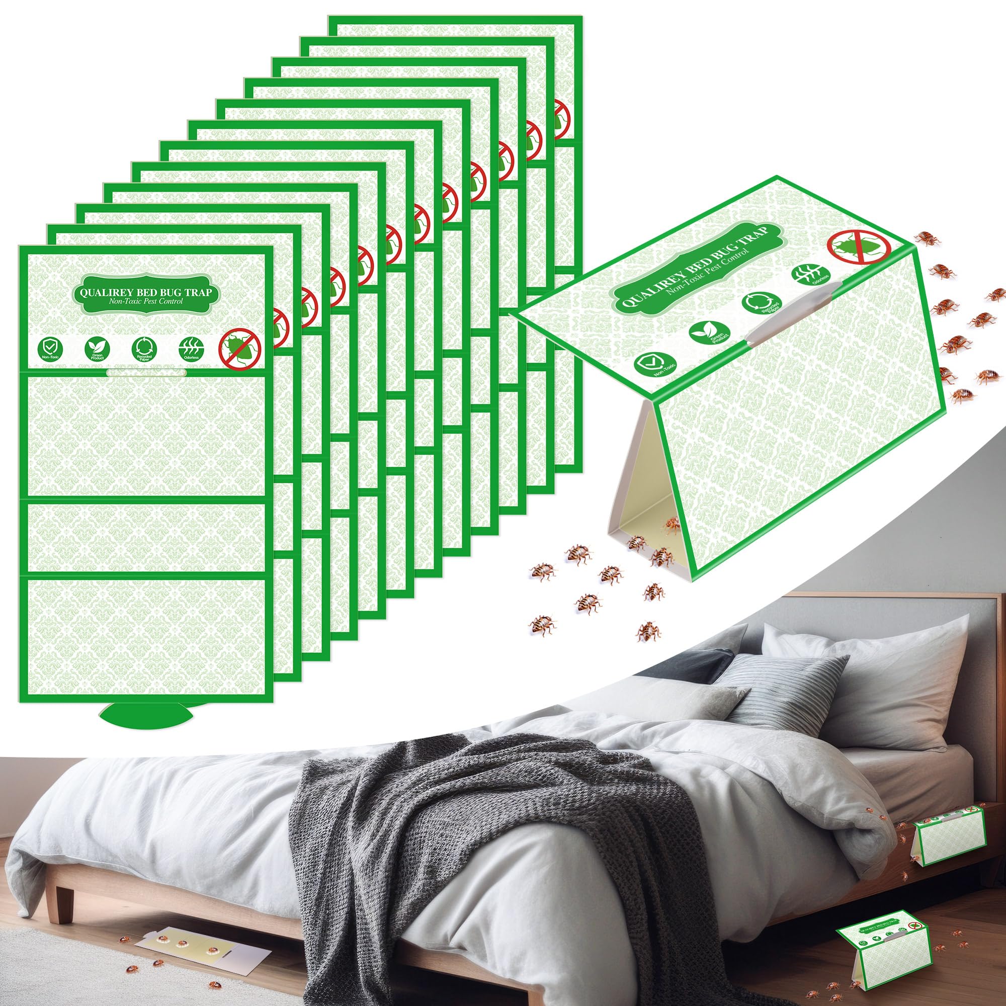 Photo 1 of Qualirey 12 Pack Bed Bug Traps, Non Toxic Bedbug Detector for Bed Legs, Bedbug Interceptors Attracts Bedbugs, Early Detection Glue Traps, Indoor Bug Control for Home Travel (Green)