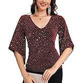 PEIQI Women's Shiny Top 3/4 Sleeve Shimmer Glitter Sparkly Blouse for Cocktail Party Evening Shirt