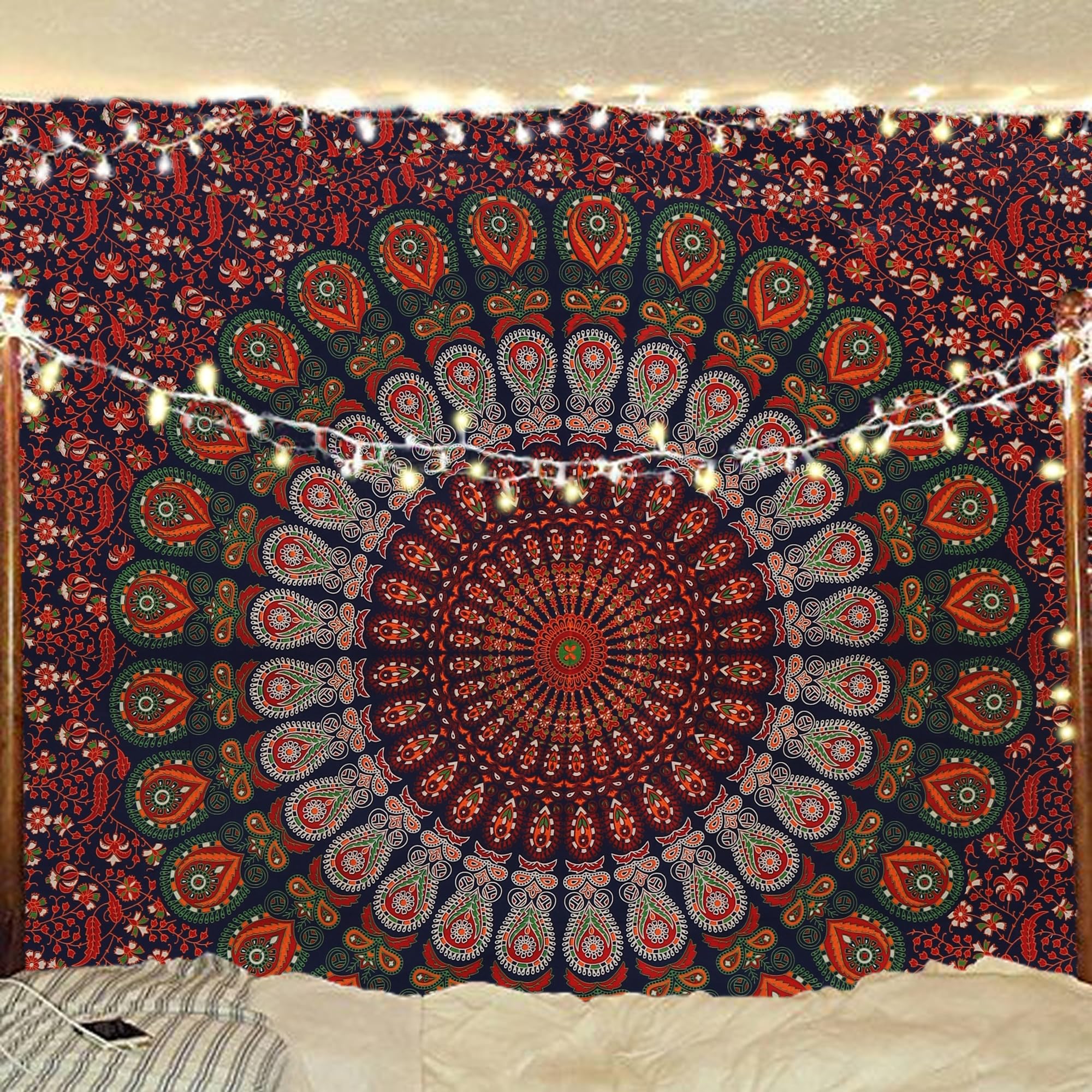 Bless International Indian hippie Bohemian Psychedelic Peacock Mandala Wall hanging Bedding Tapestry (Golden Red Green, 182.88L X 137.16W cm)