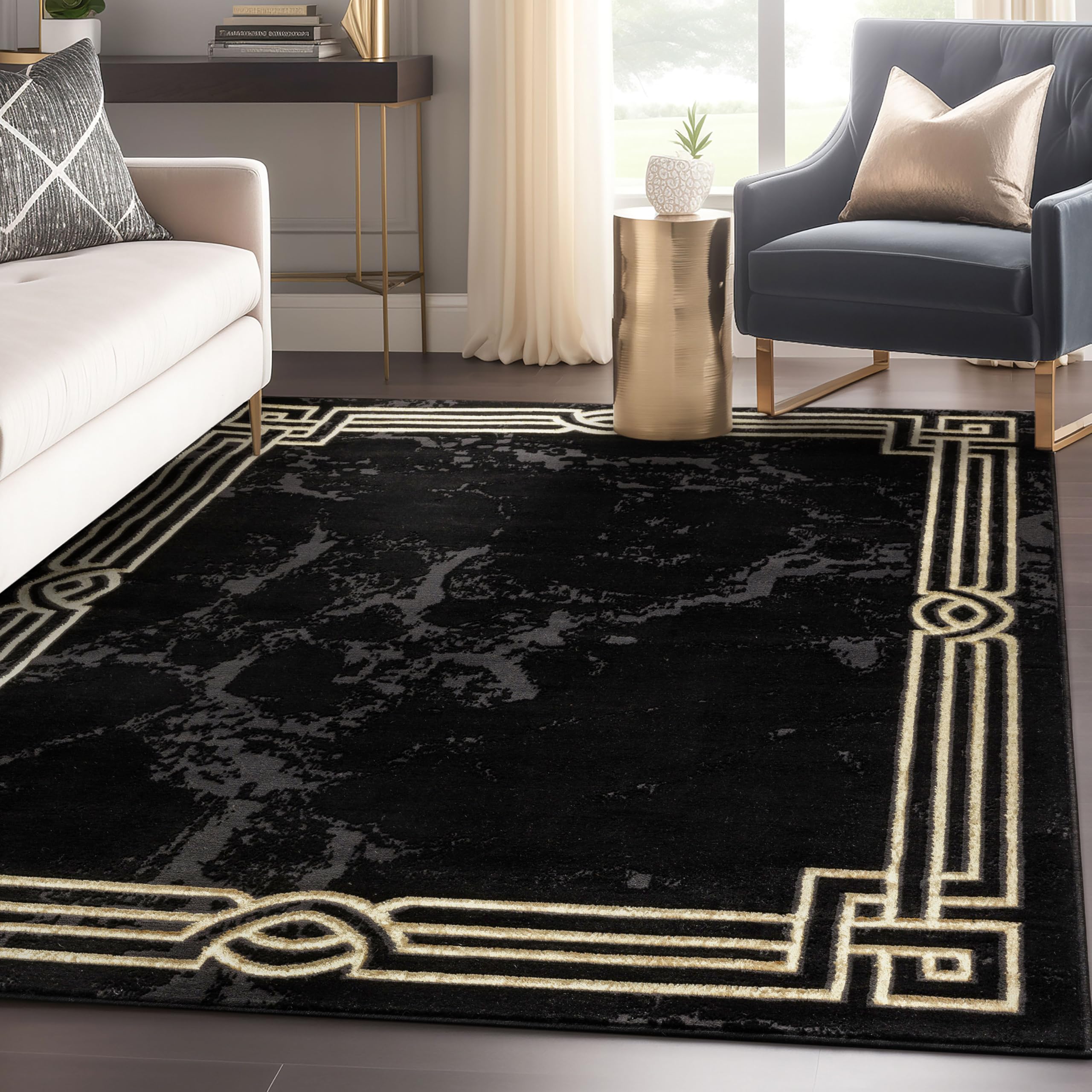 Photo 1 of **MINOR SCRATCHES ON BOTTOM**Well Woven Lezlee Abstract Modern 7'10" x 9'10" Area Rug Black Gold Marble Border - for Living Room, Dining Room, Bedroom