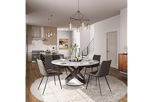 POVISON Round Dining Table for 4, White Modern Dining Table, Sintered Stone Dining Table with Artistic X-Shape Carbon Steel B