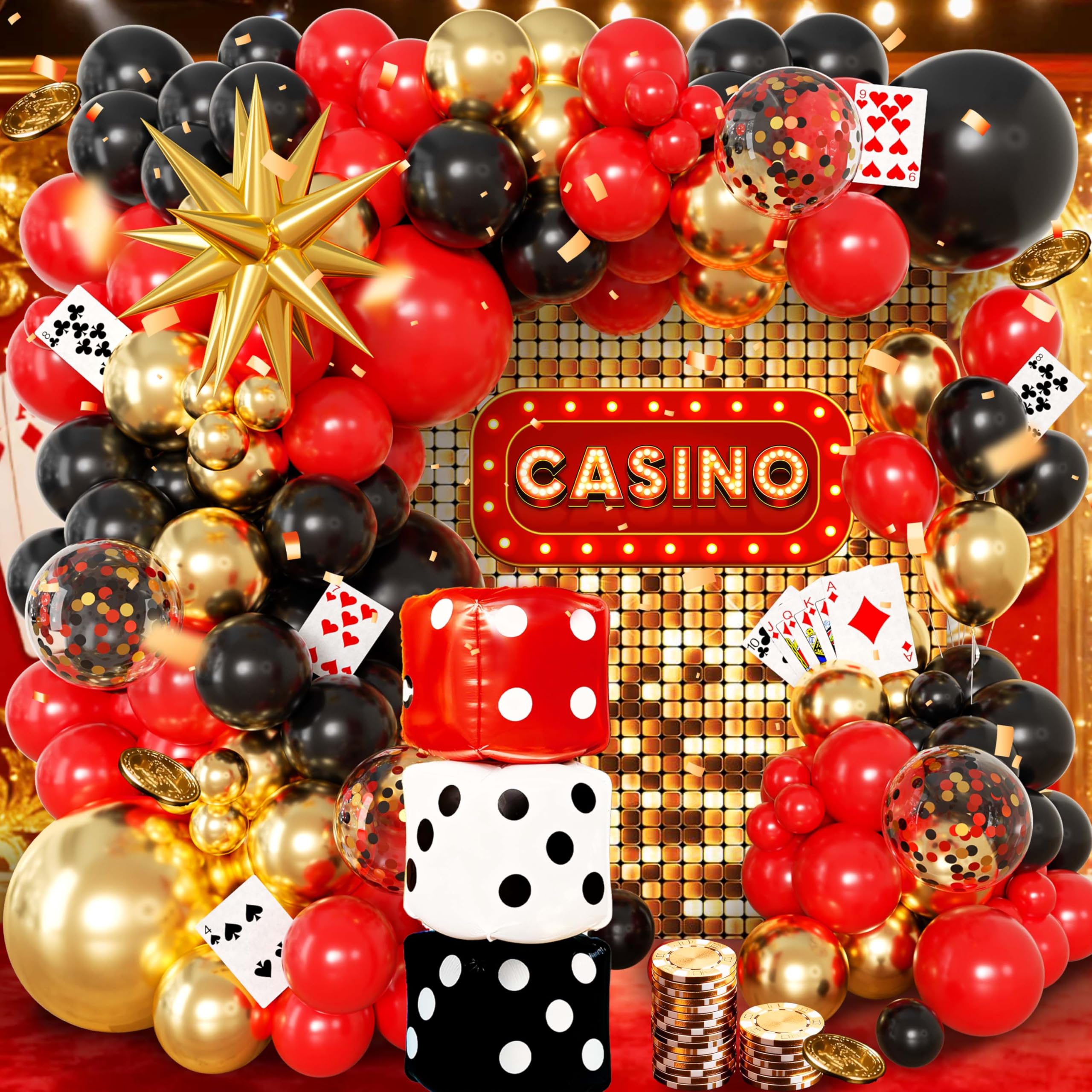 Photo 1 of 104pcs Casino Party Decorations Balloon Garland Arch Kit with 3 Giant Foil Dice Balloons & Gold Exploding Star, 18/12/10/5 Inch Red Black Gold Confetti Balloons for Las Vegas Poker Night