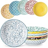 vancasso 8.5" Pasta Bowls Set of 6, 40 oz Porcelain Shallow Salad Bowls, Serving Bowls Large Kitchen Bowl Plates Pasta Dishes Plates, Colorful Floral Design, Microwave Safe, Series SELENE
