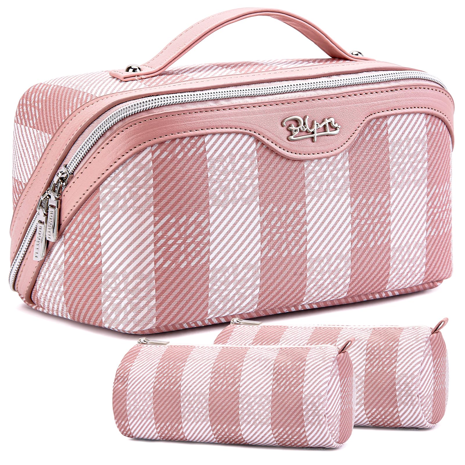 Photo 1 of BOYATU Travel Makeup Bag Organizer Cosmetic Bag: 3 Pcs Set Make up Bags for Women with Handle - Waterproof Vegan Leather Toiletry Bags Travel Essentials Pouch with Compartments (F-03-Pink)