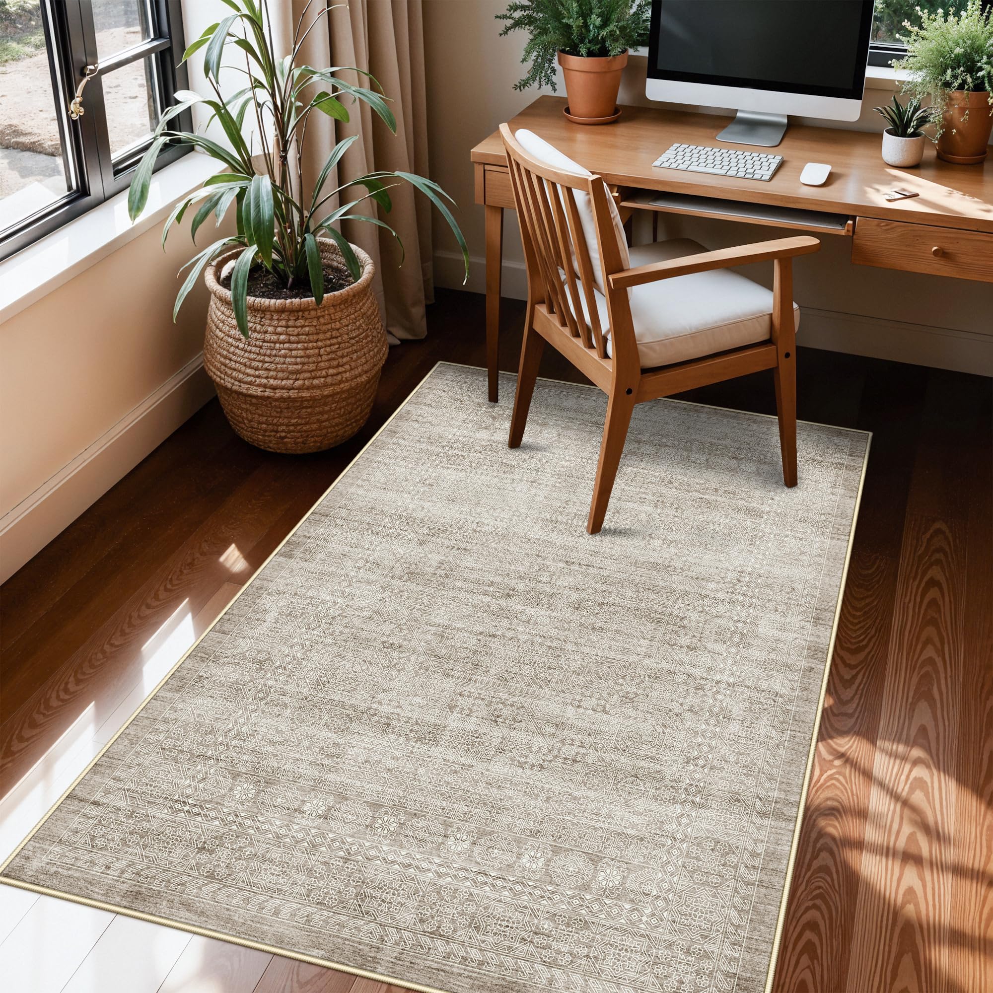 Washable 3x4 Entryway Area Rugs: Abstract Water-Resistant Kitchen Rug Indoor Low Pile Nursery Room Carpet Anti-Slip Netural Bathroom Runner Rug Small Soft Beside Floor Mat for Bedroom(3x4,Beige/ivory) Image