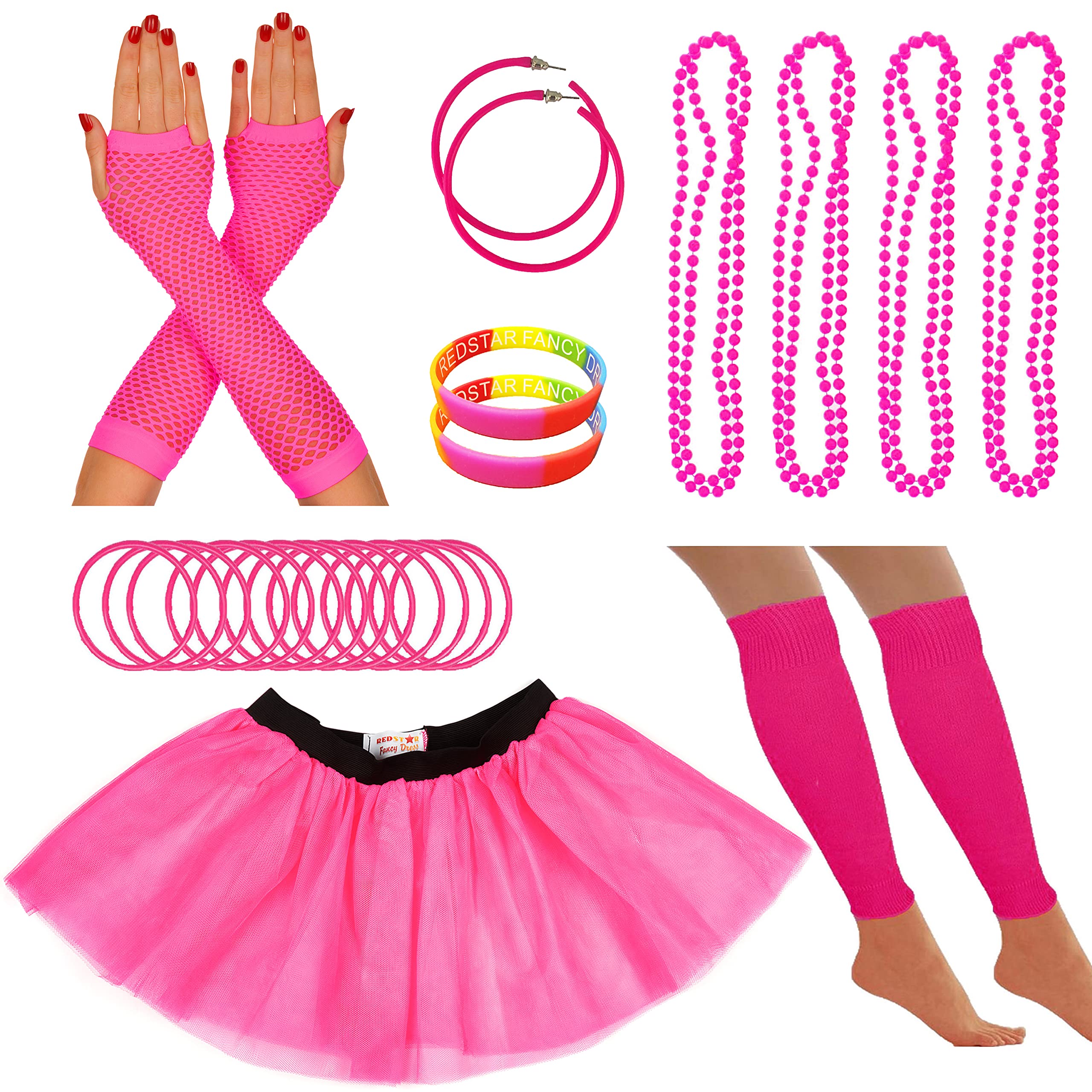 80s Fancy Dress Neon Accessories Tutu Party Costume, Adult Leg Warmers, Fishnet Gloves, 1980s Style Necklace Beads, Neon Hoop Earrings, Gummy Bracelets Womens Hen Party Rave Outfit (Pink)